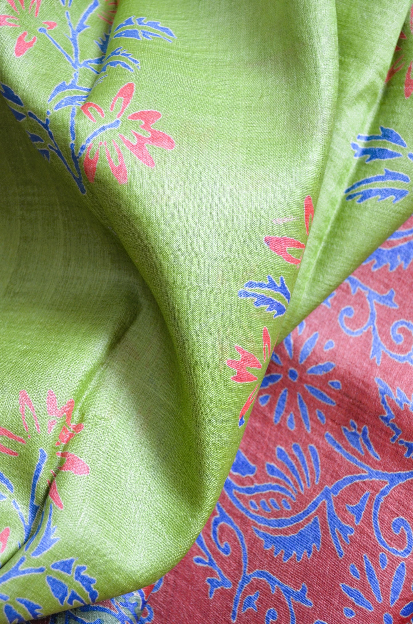 Olive Green Tussar Pure Silk Handloom Saree with Block Prints
