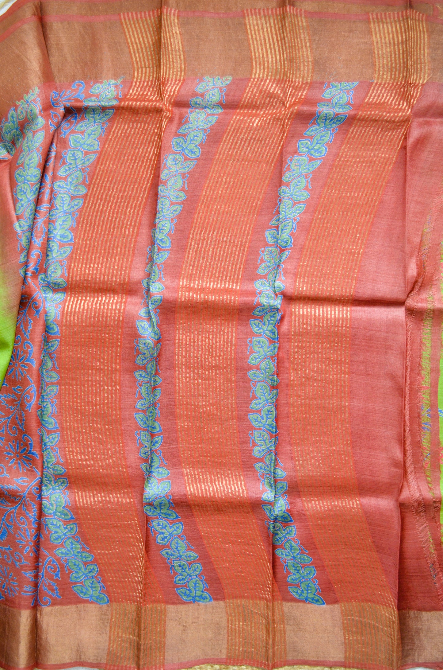 Olive Green Tussar Pure Silk Handloom Saree with Block Prints