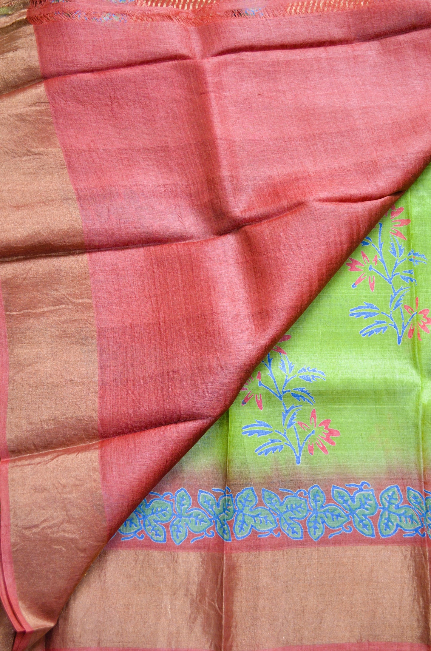 Olive Green Tussar Pure Silk Handloom Saree with Block Prints