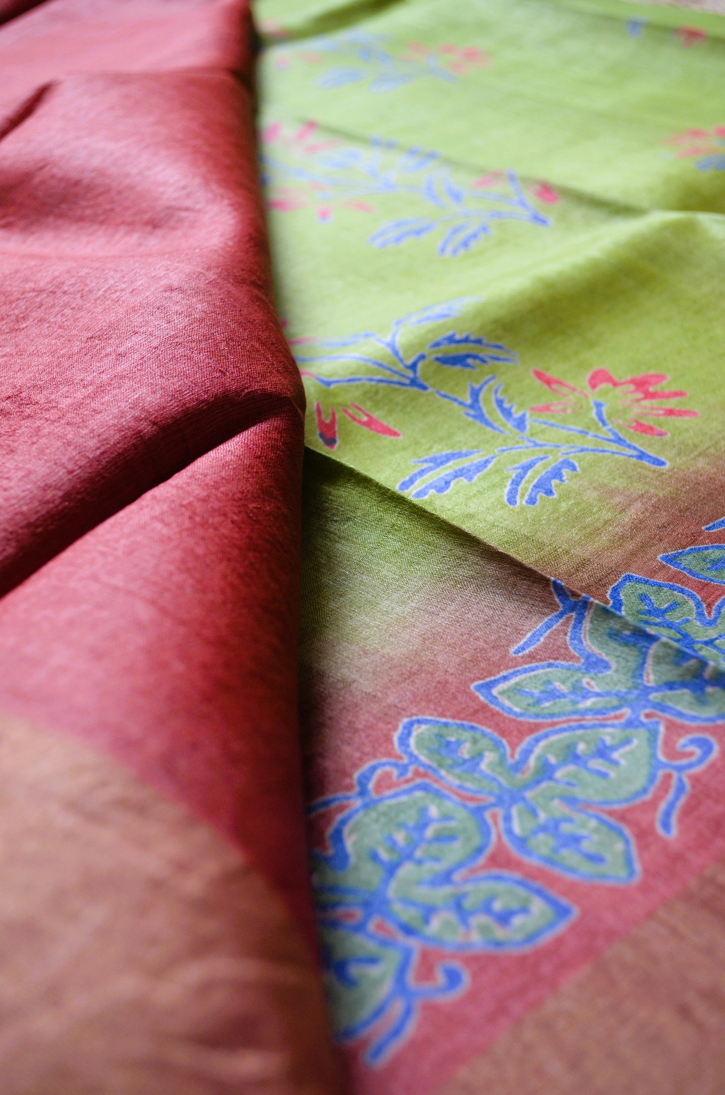 Olive Green Tussar Pure Silk Handloom Saree with Block Prints