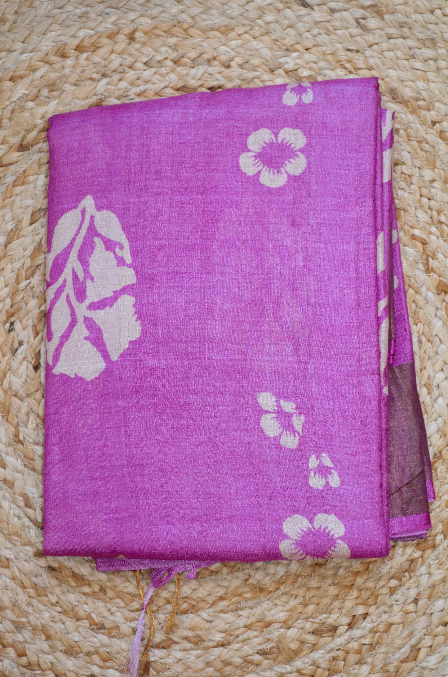 Magenta Tussar Pure Silk Handloom Saree with Block Prints