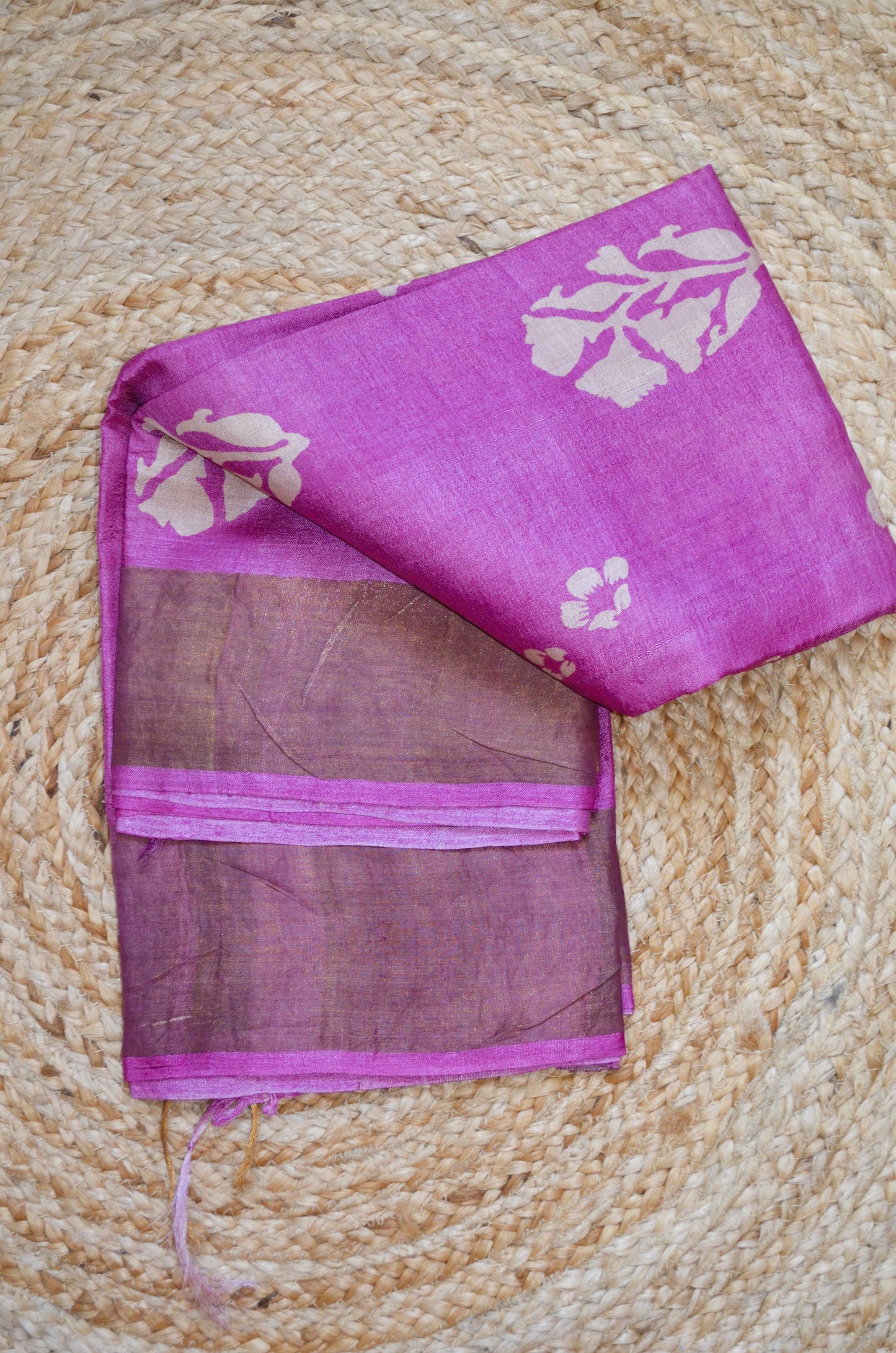 Magenta Tussar Pure Silk Handloom Saree with Block Prints