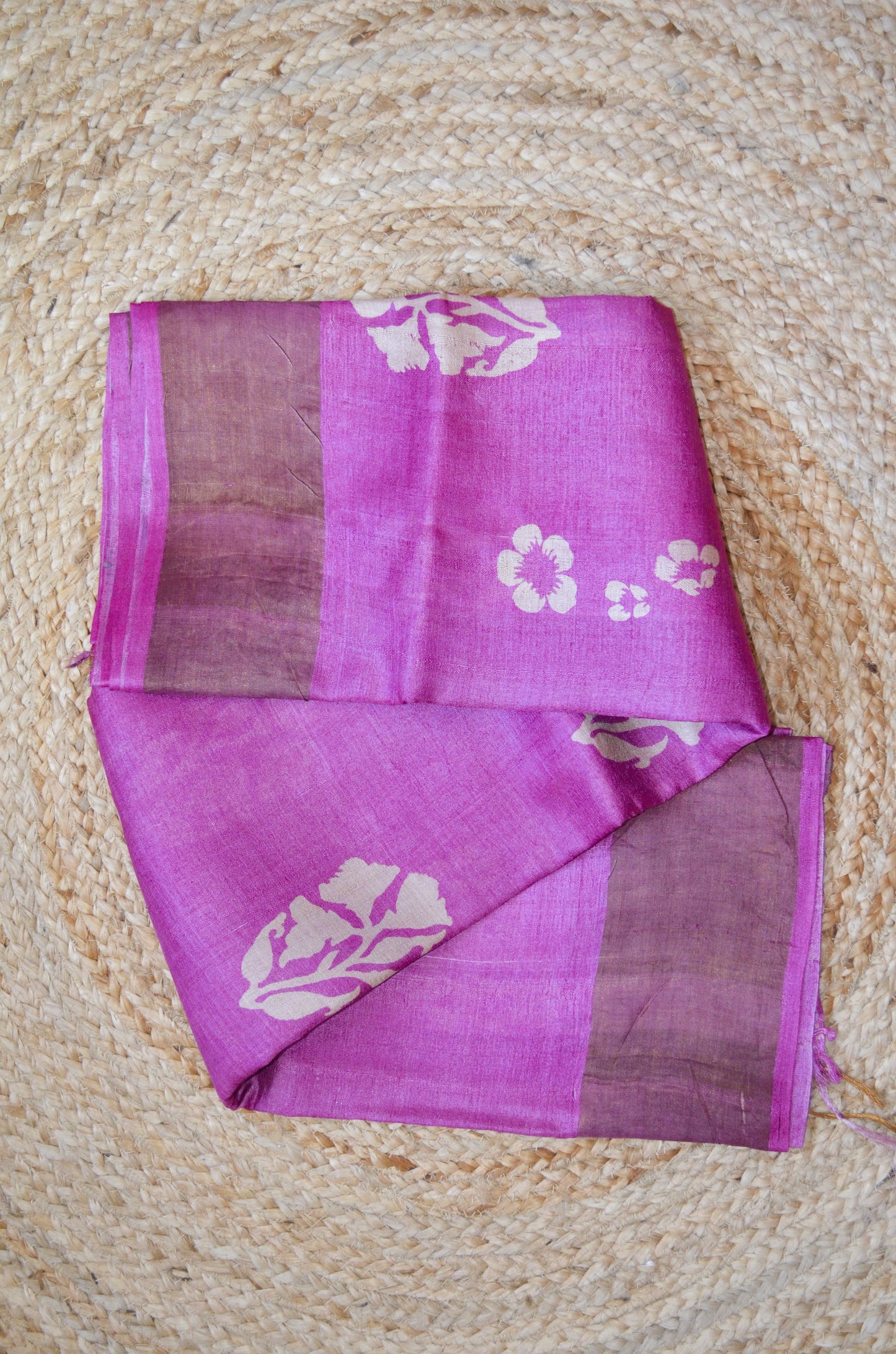 Magenta Tussar Pure Silk Handloom Saree with Block Prints