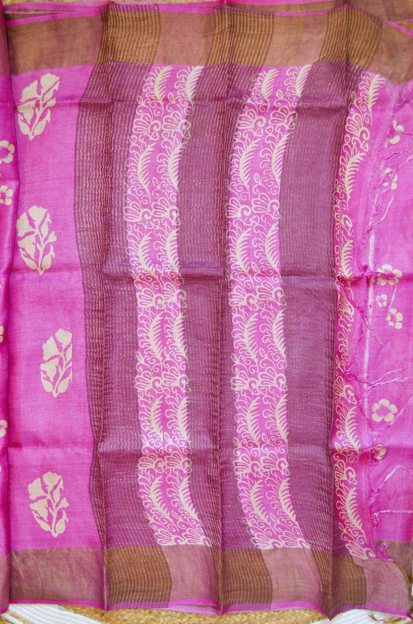 Magenta Tussar Pure Silk Handloom Saree with Block Prints