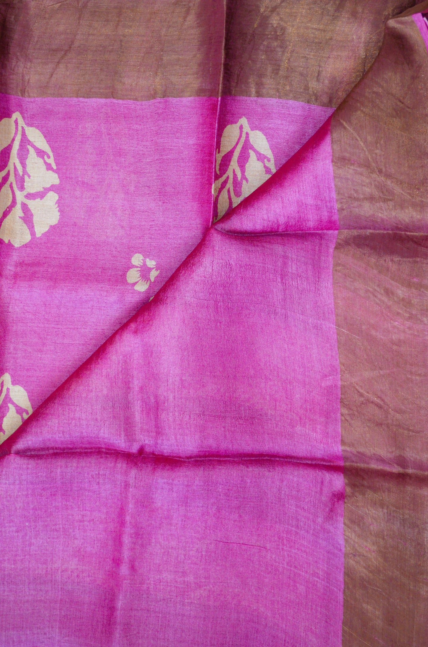 Magenta Tussar Pure Silk Handloom Saree with Block Prints