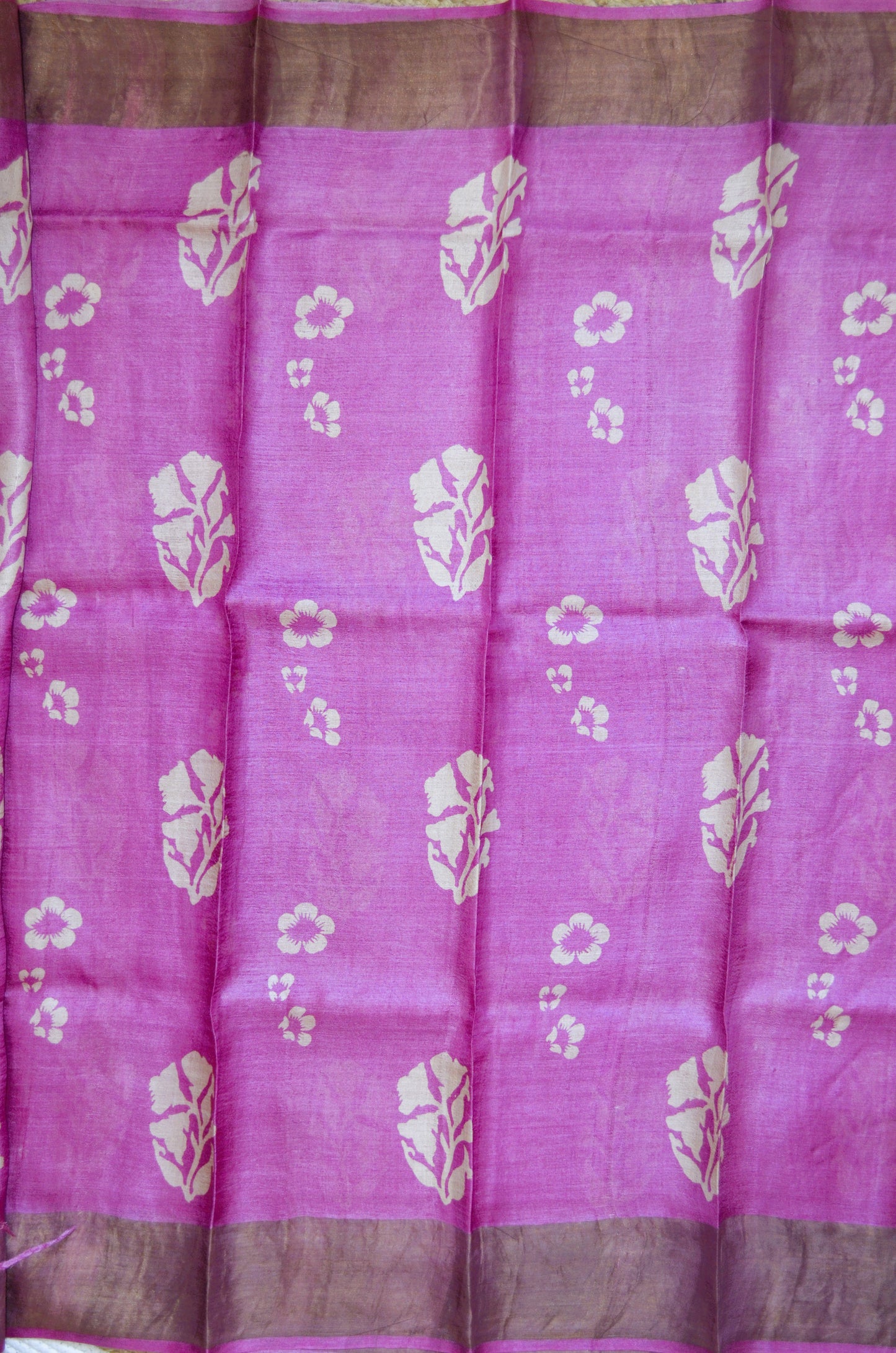 Magenta Tussar Pure Silk Handloom Saree with Block Prints