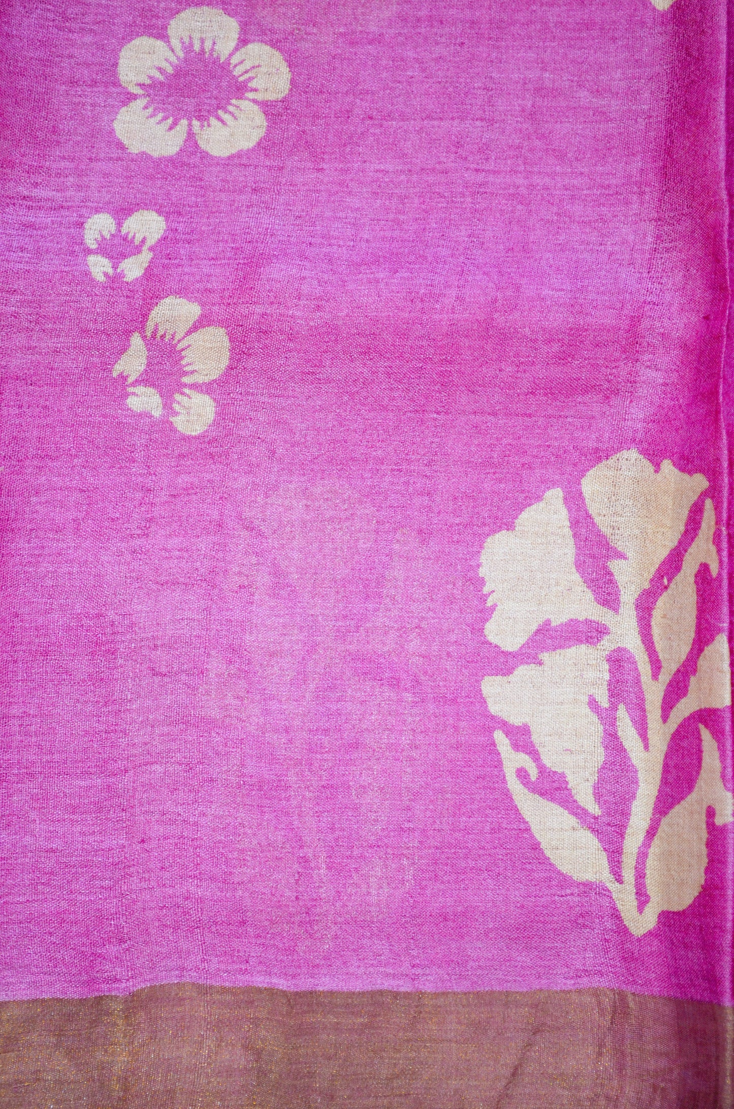 Magenta Tussar Pure Silk Handloom Saree with Block Prints