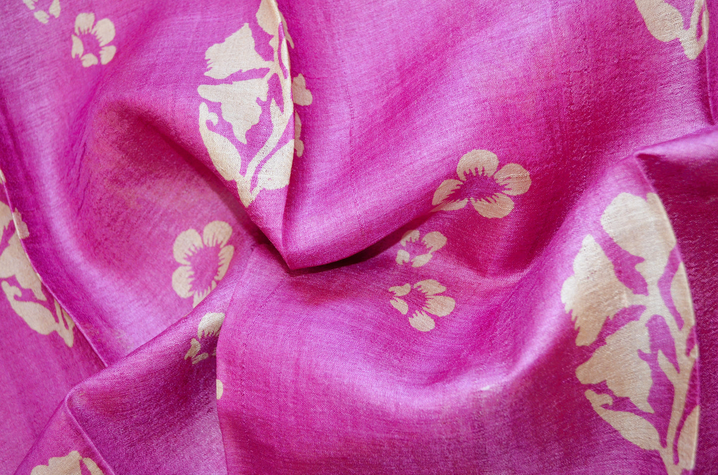 Magenta Tussar Pure Silk Handloom Saree with Block Prints