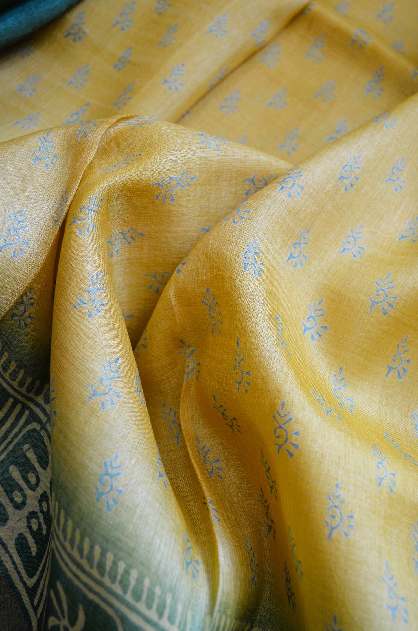 Yellow Tussar Pure Silk Handloom Saree with Block Prints