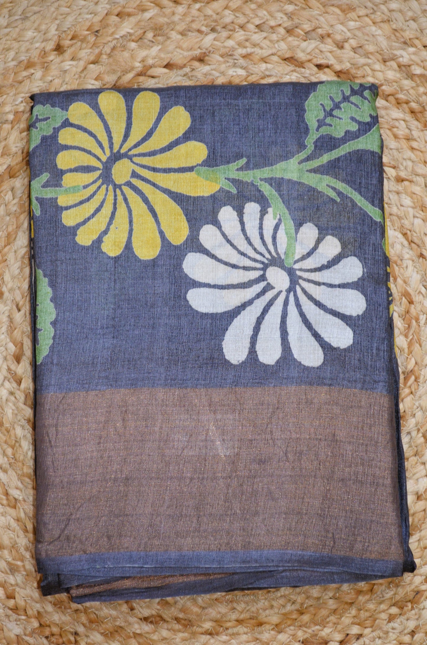 Steel Tussar Pure Silk Handloom Saree with Block Flower Prints