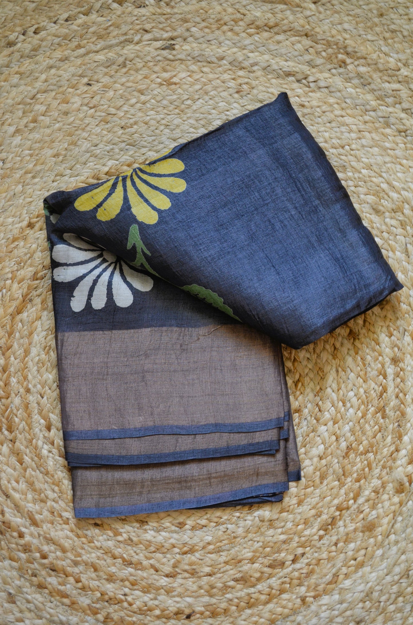 Steel Tussar Pure Silk Handloom Saree with Block Flower Prints