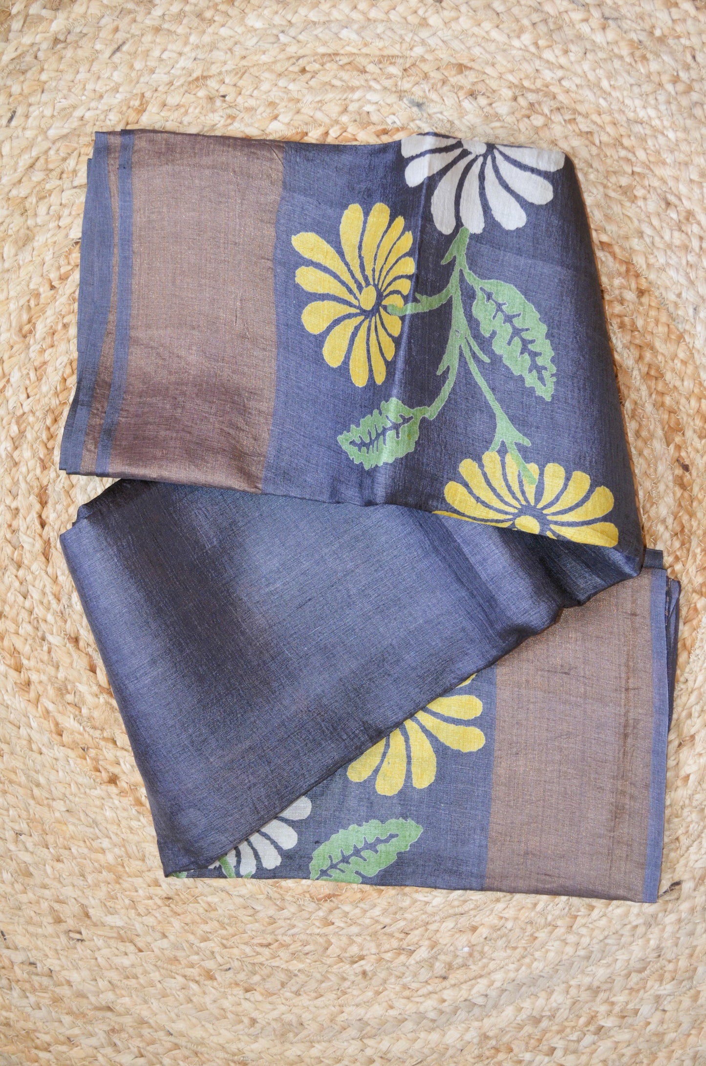 Steel Tussar Pure Silk Handloom Saree with Block Flower Prints