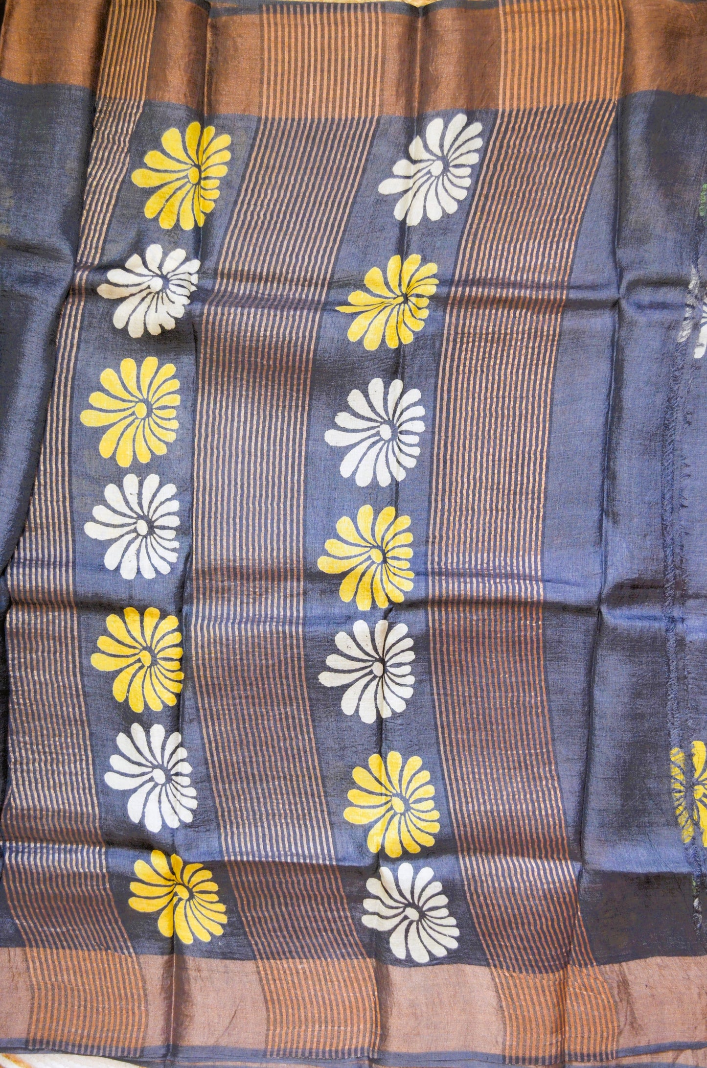 Steel Tussar Pure Silk Handloom Saree with Block Flower Prints