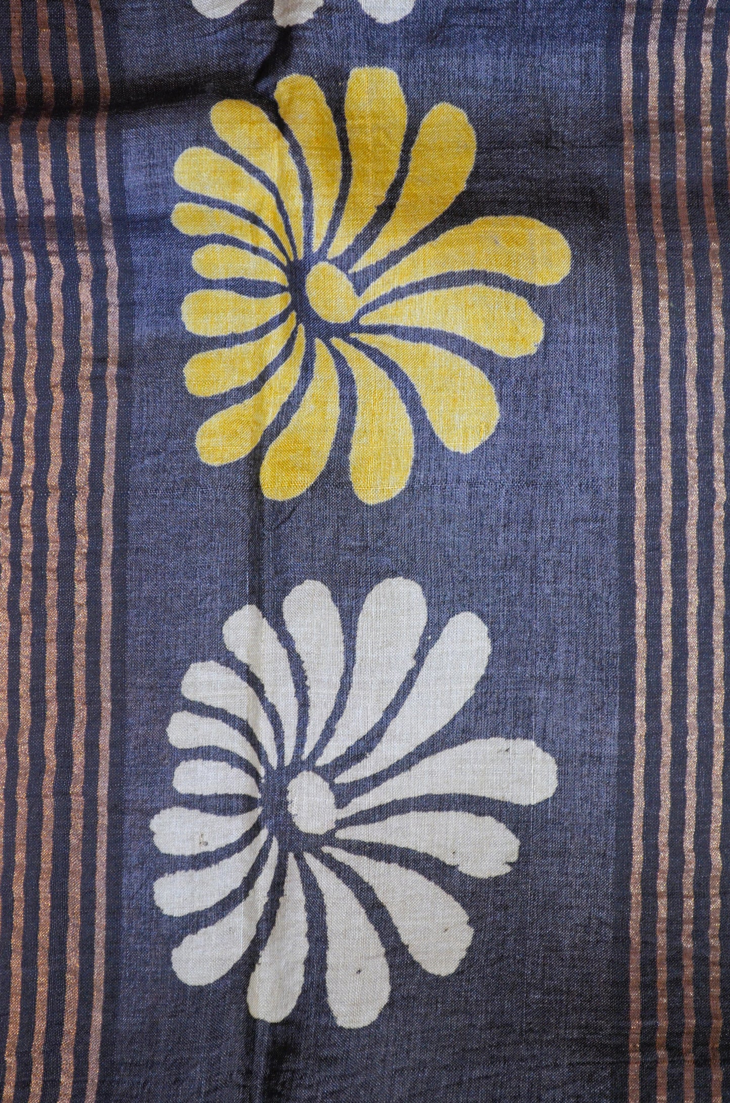 Steel Tussar Pure Silk Handloom Saree with Block Flower Prints