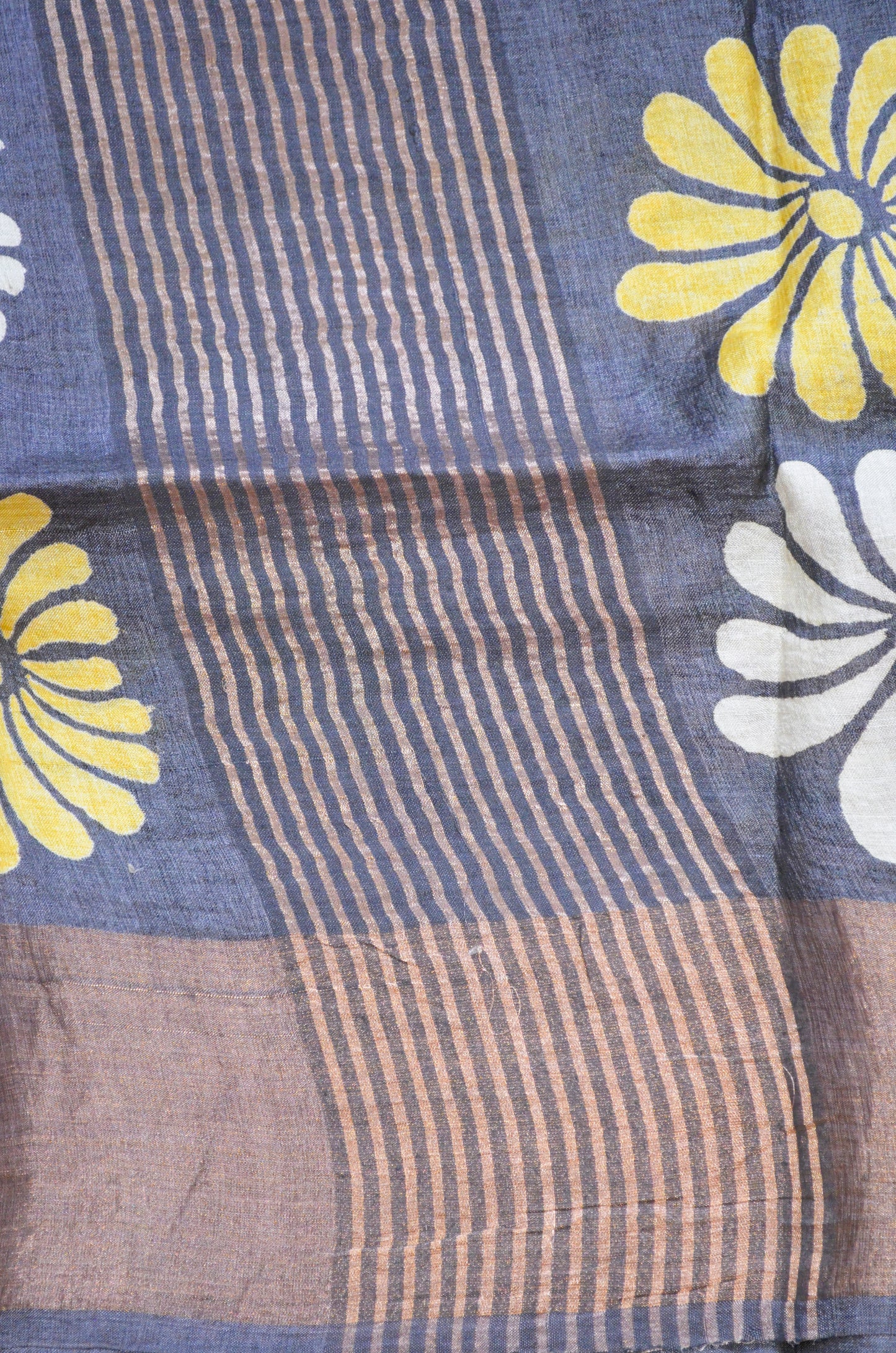 Steel Tussar Pure Silk Handloom Saree with Block Flower Prints