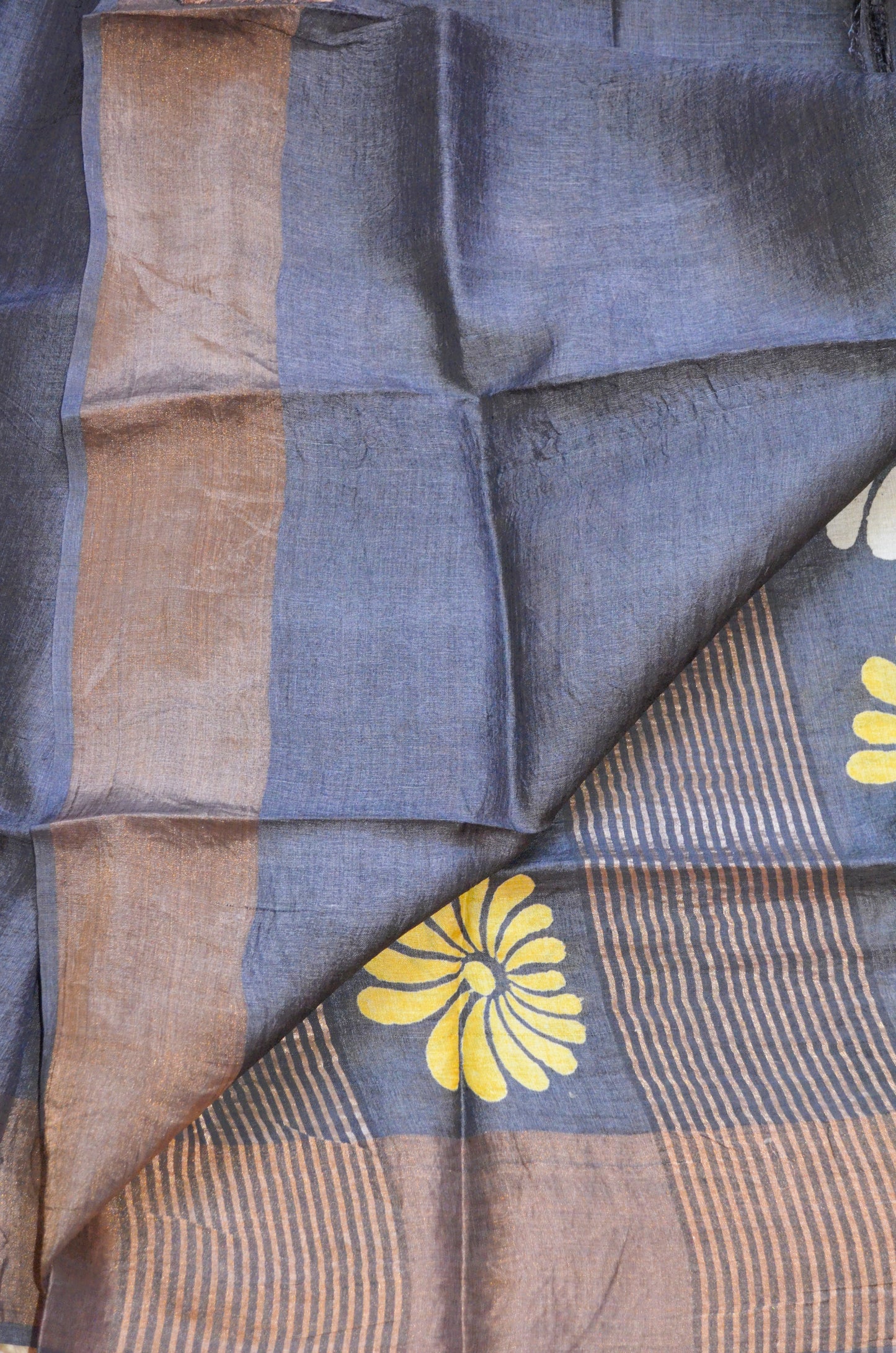 Steel Tussar Pure Silk Handloom Saree with Block Flower Prints
