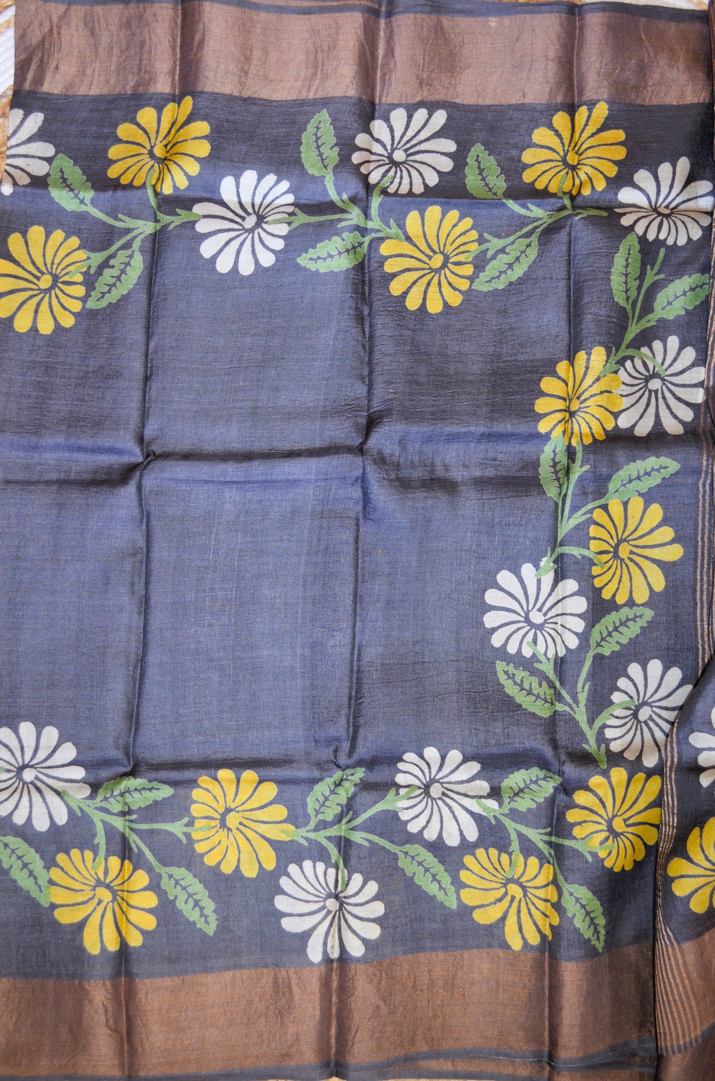 Steel Tussar Pure Silk Handloom Saree with Block Flower Prints