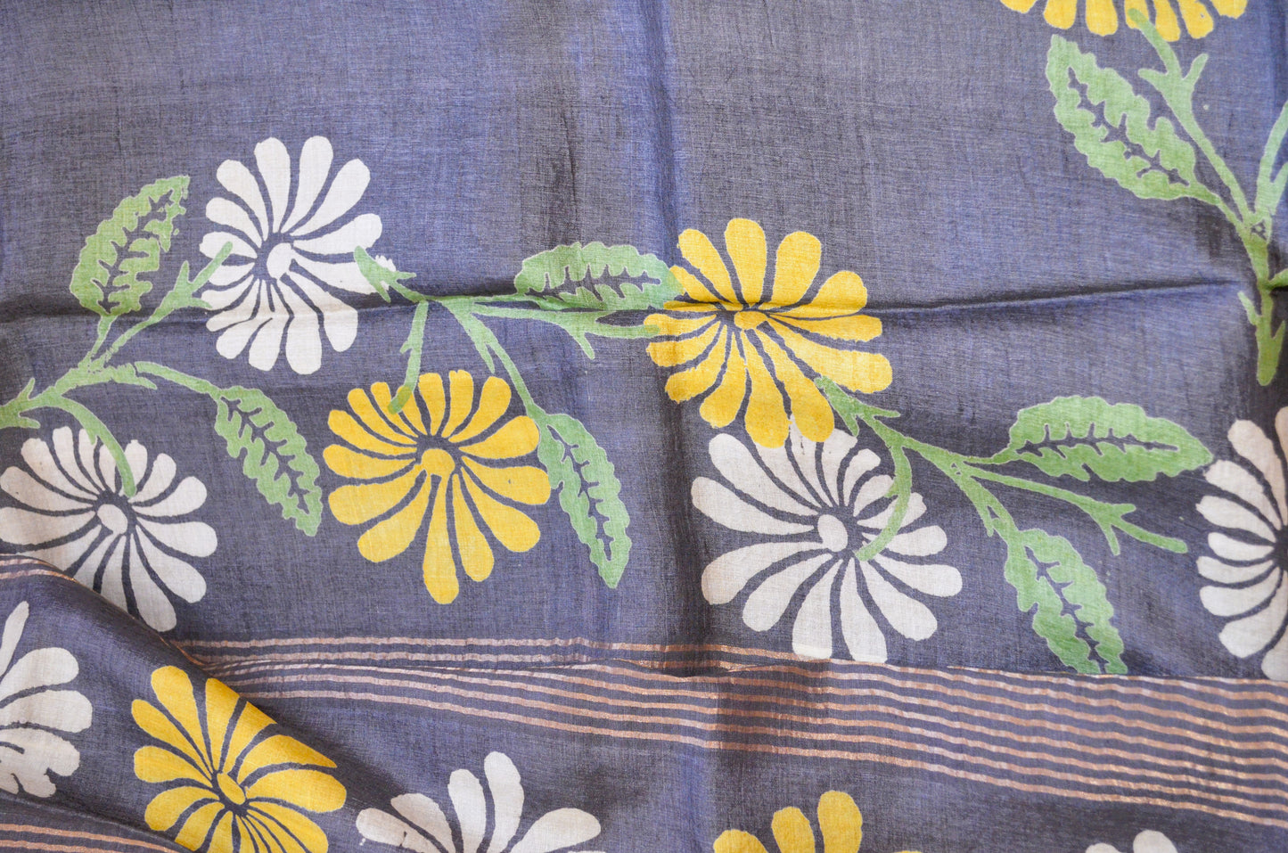 Steel Tussar Pure Silk Handloom Saree with Block Flower Prints