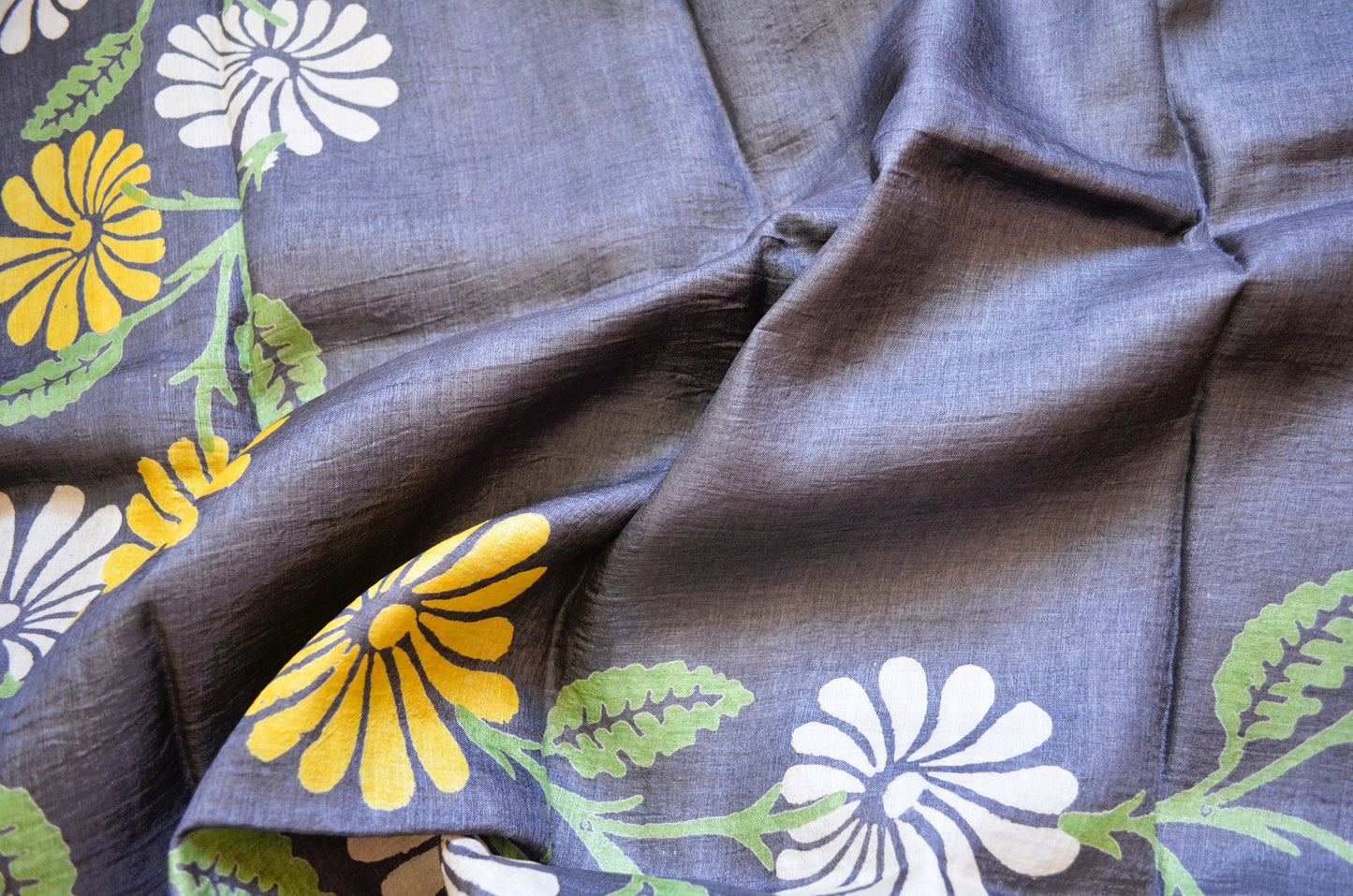 Steel Tussar Pure Silk Handloom Saree with Block Flower Prints
