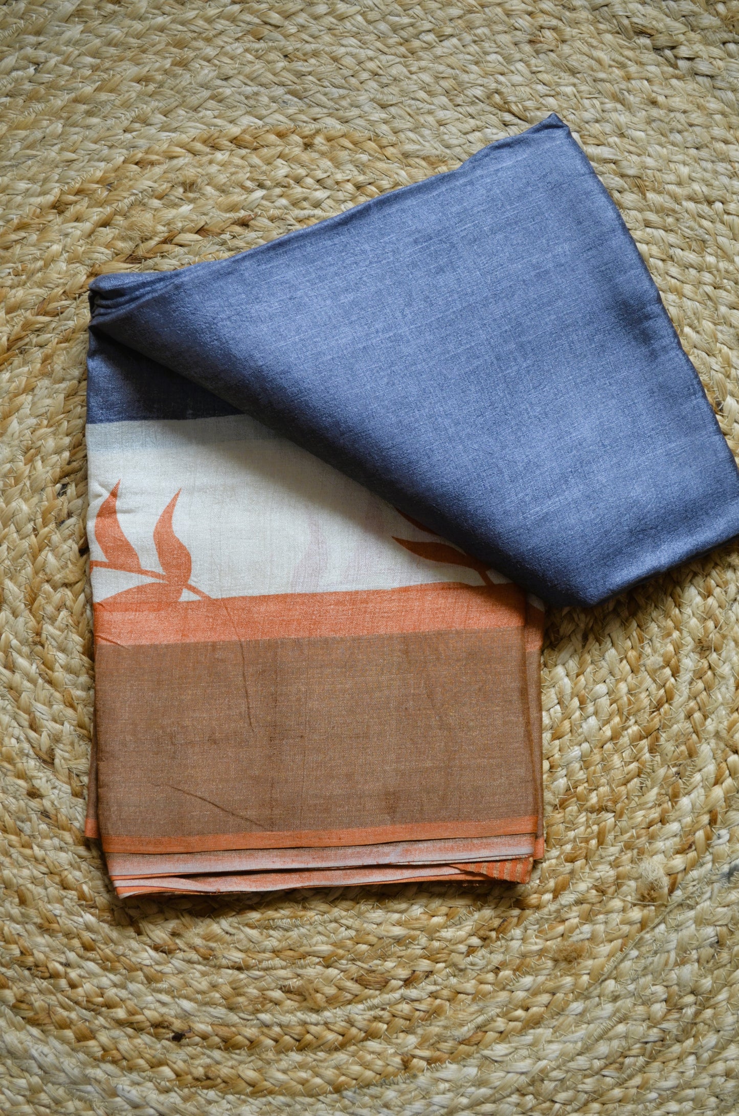 Grey Tussar Pure Silk Handloom Saree with Block Prints