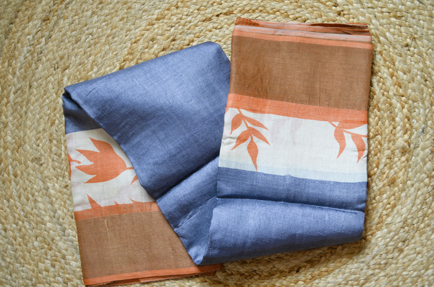 Grey Tussar Pure Silk Handloom Saree with Block Prints