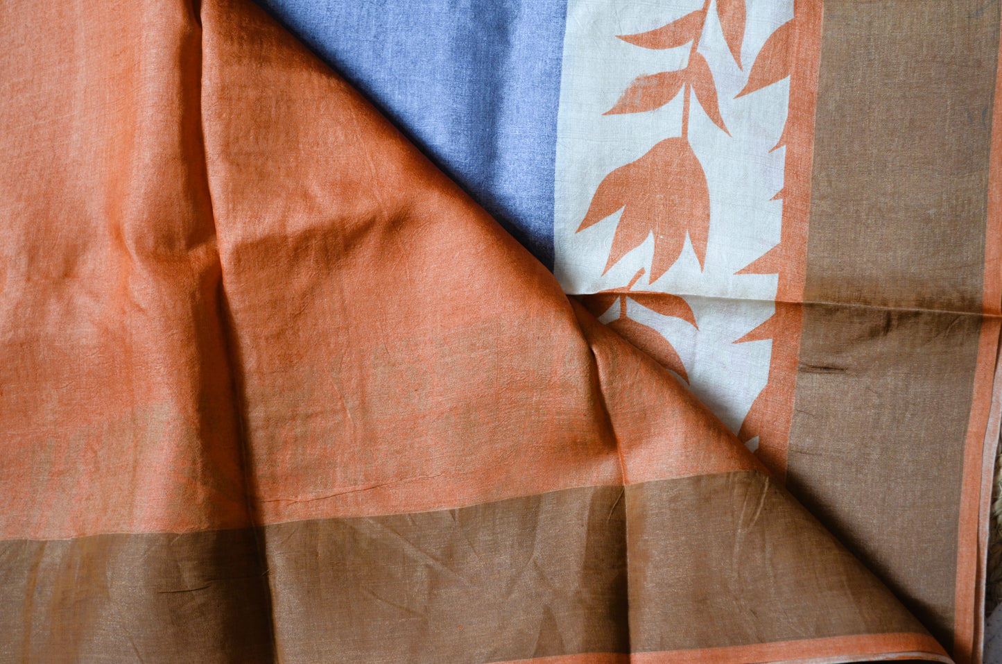 Grey Tussar Pure Silk Handloom Saree with Block Prints