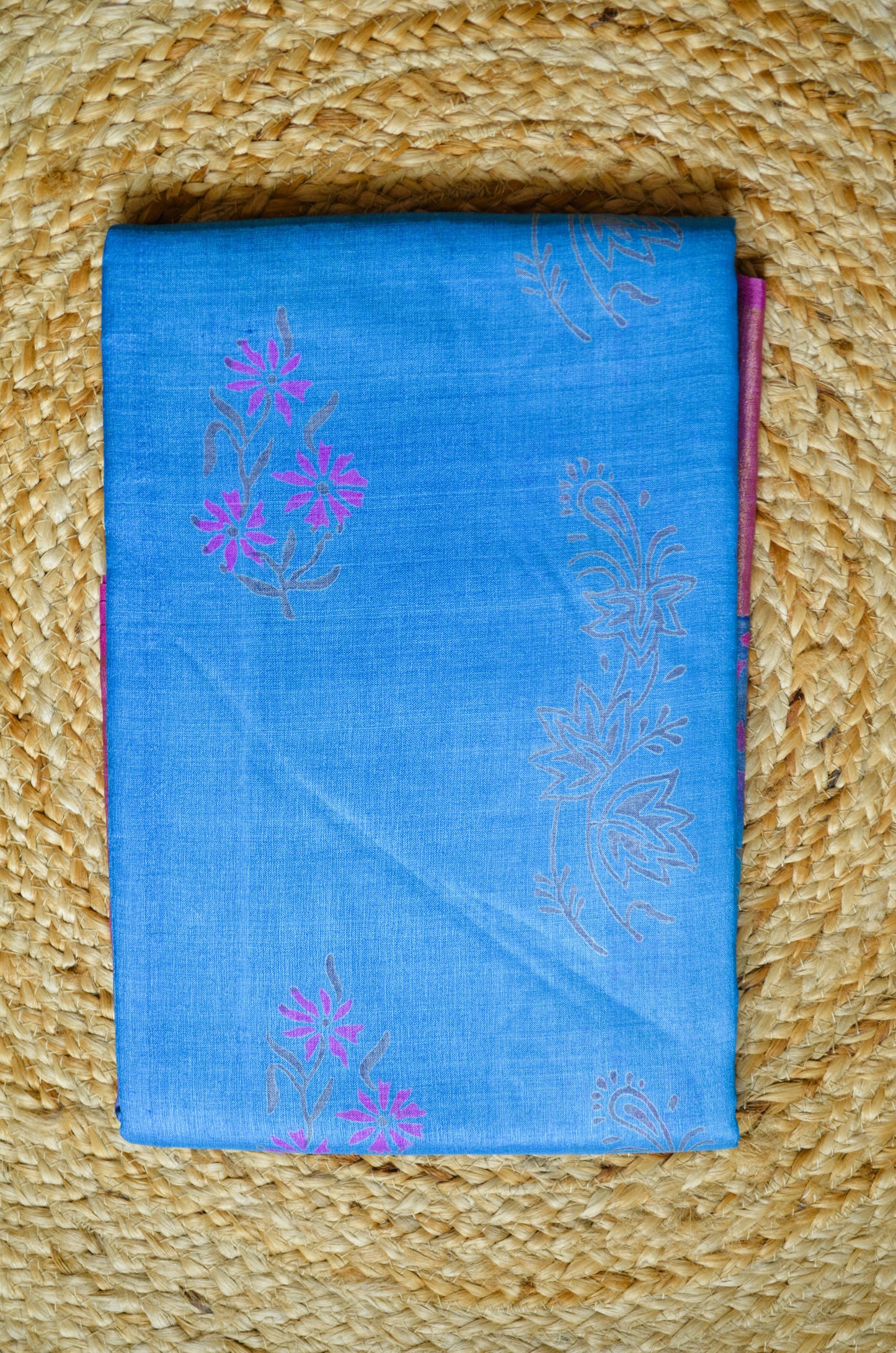 Cyan Tussar Pure Silk Handloom Saree with Block Prints