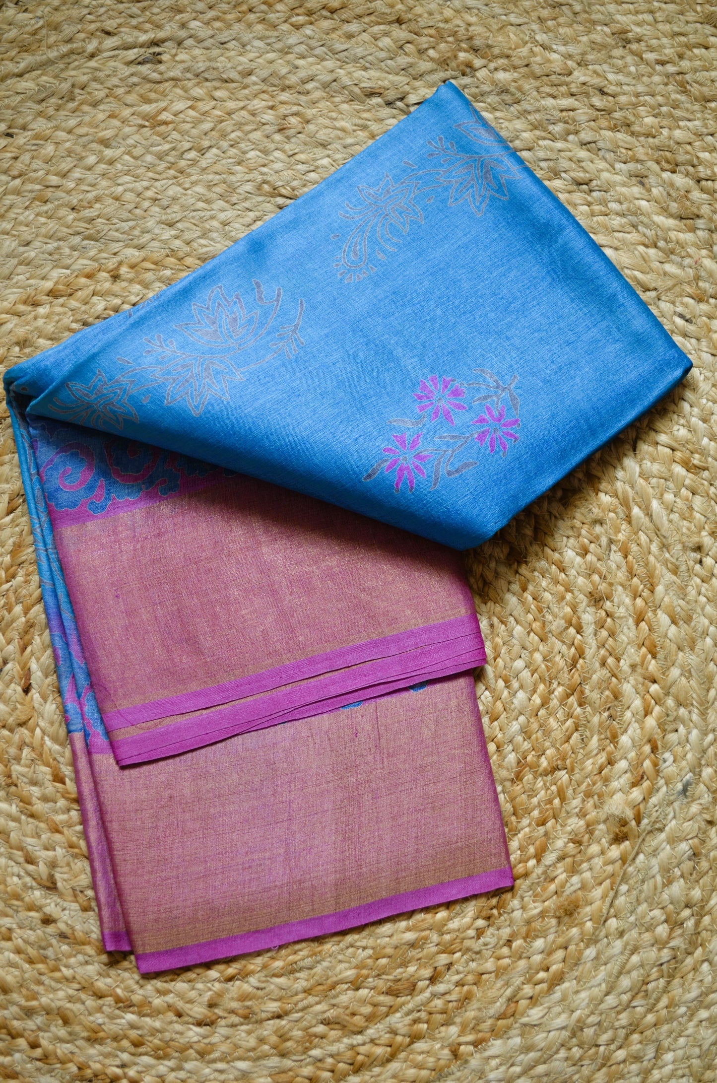 Cyan Tussar Pure Silk Handloom Saree with Block Prints