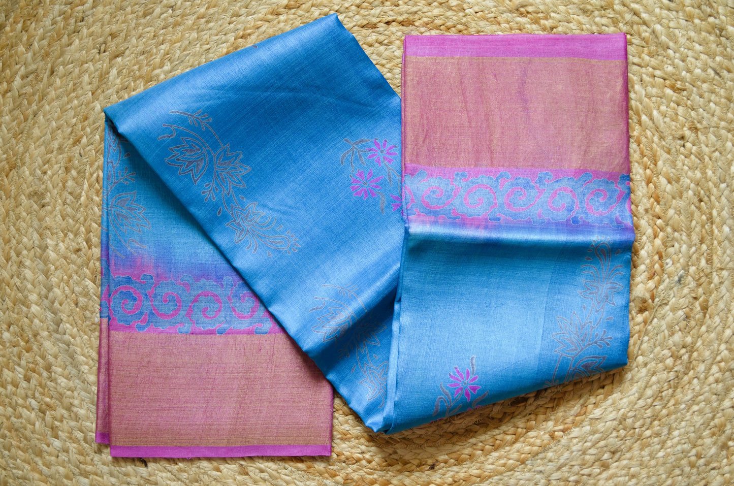 Cyan Tussar Pure Silk Handloom Saree with Block Prints