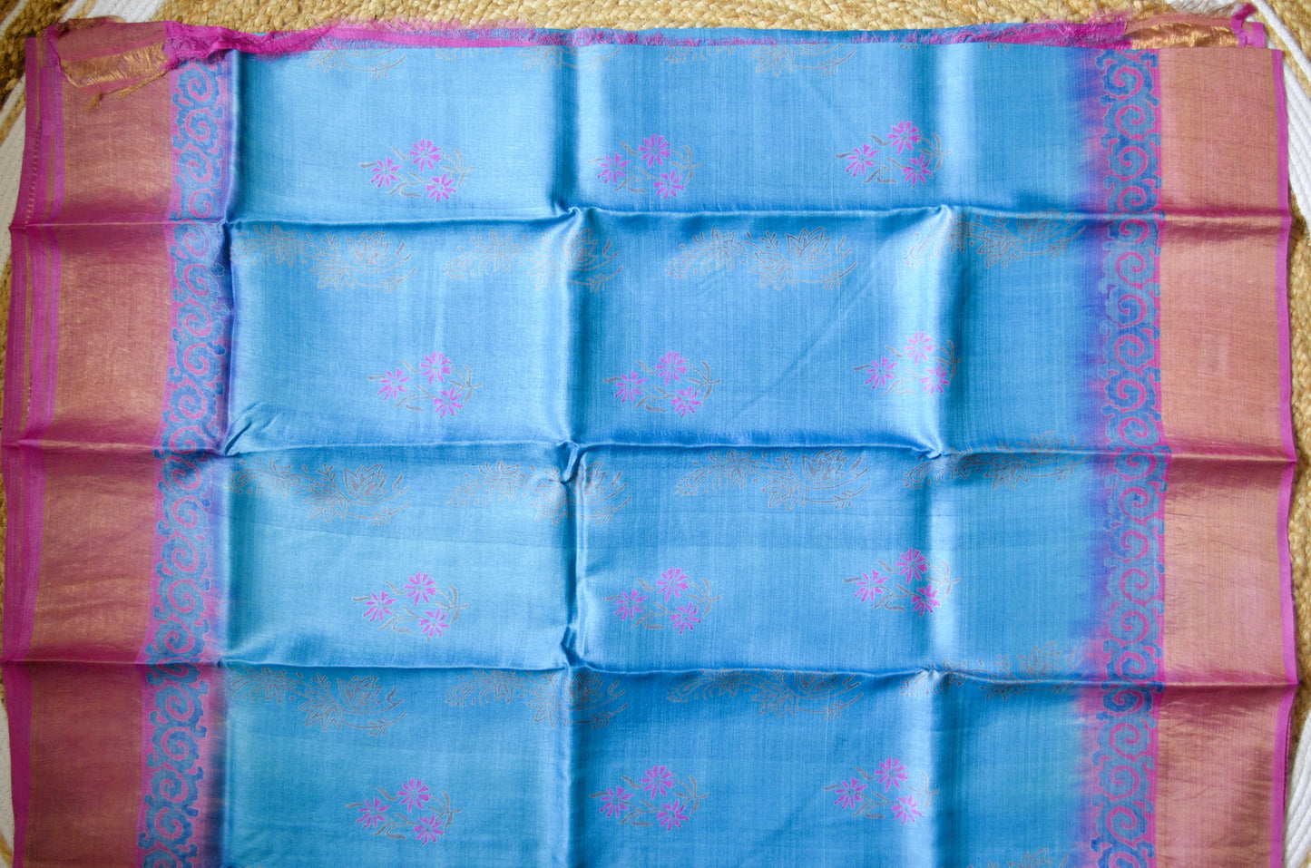 Cyan Tussar Pure Silk Handloom Saree with Block Prints