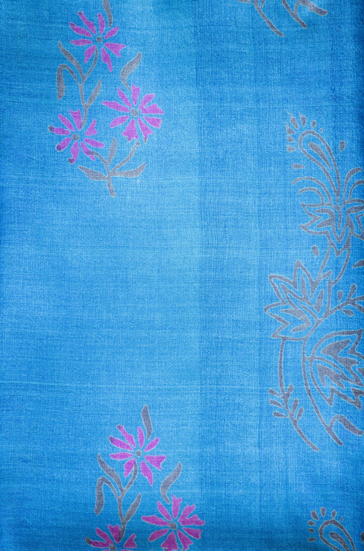 Cyan Tussar Pure Silk Handloom Saree with Block Prints