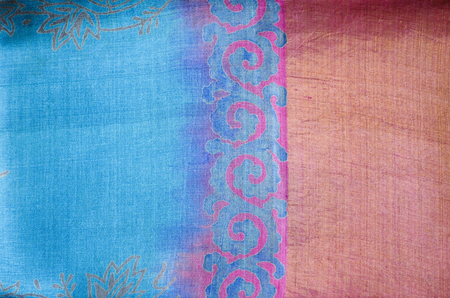 Cyan Tussar Pure Silk Handloom Saree with Block Prints