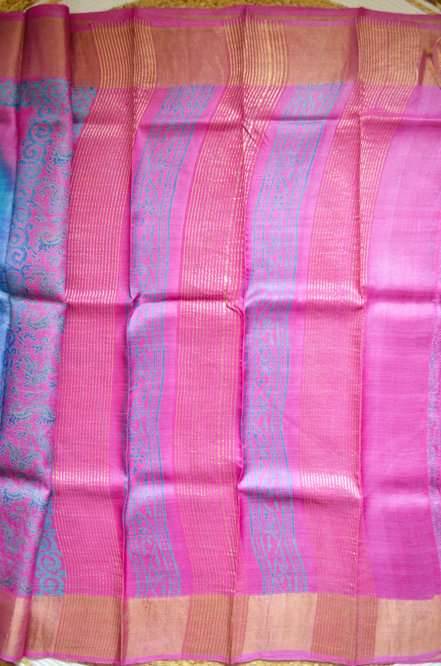Cyan Tussar Pure Silk Handloom Saree with Block Prints