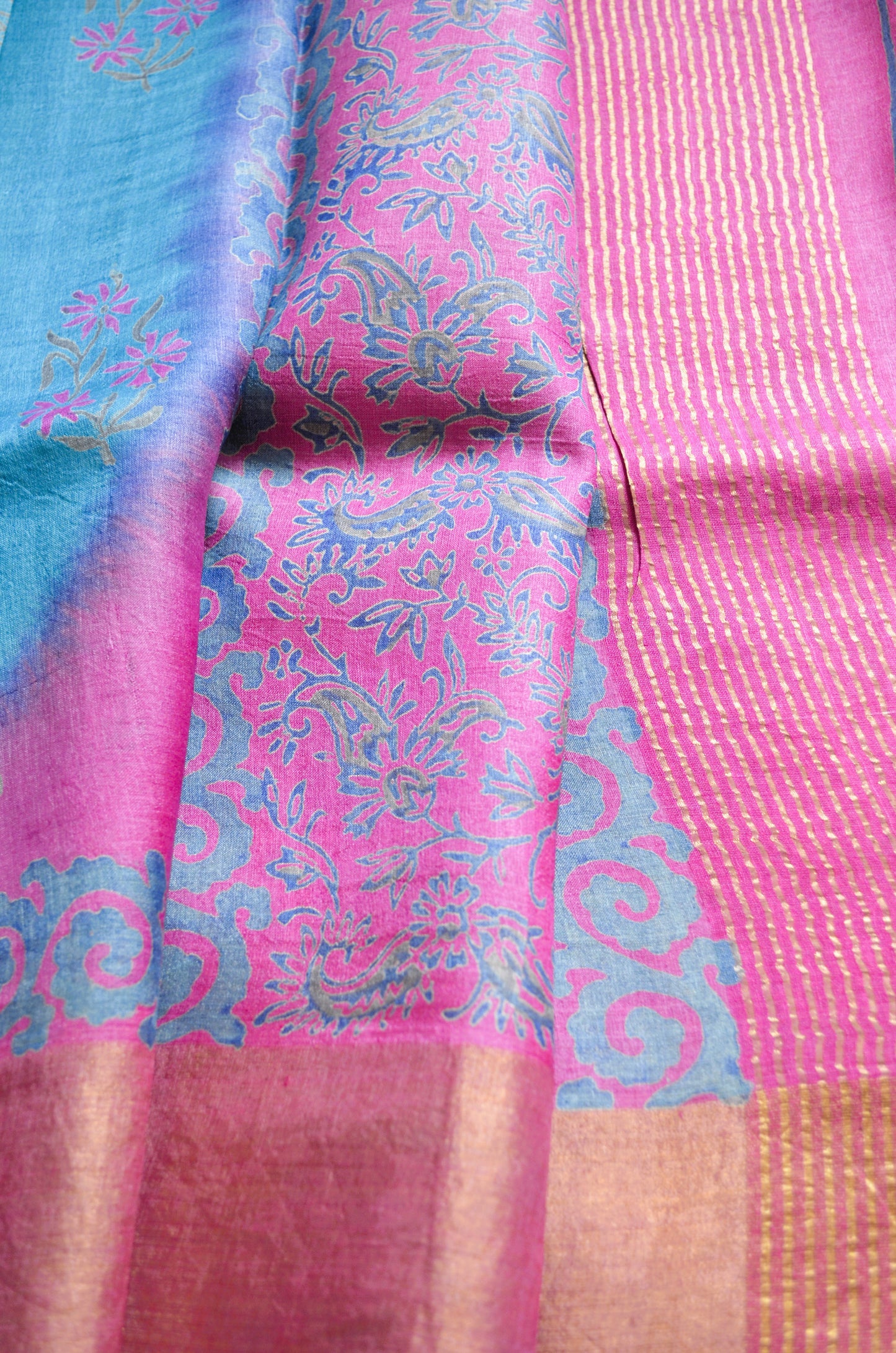 Cyan Tussar Pure Silk Handloom Saree with Block Prints