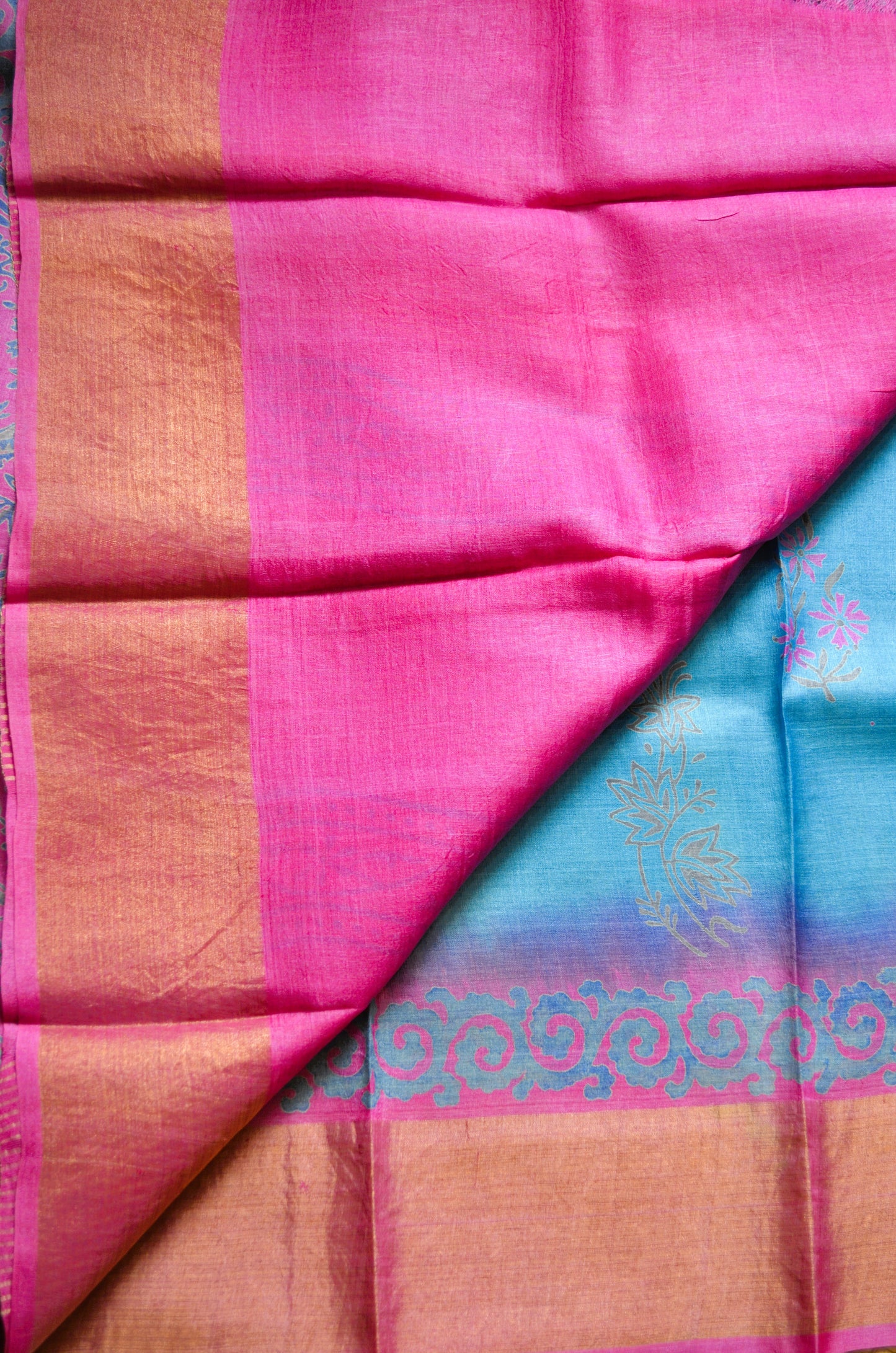Cyan Tussar Pure Silk Handloom Saree with Block Prints