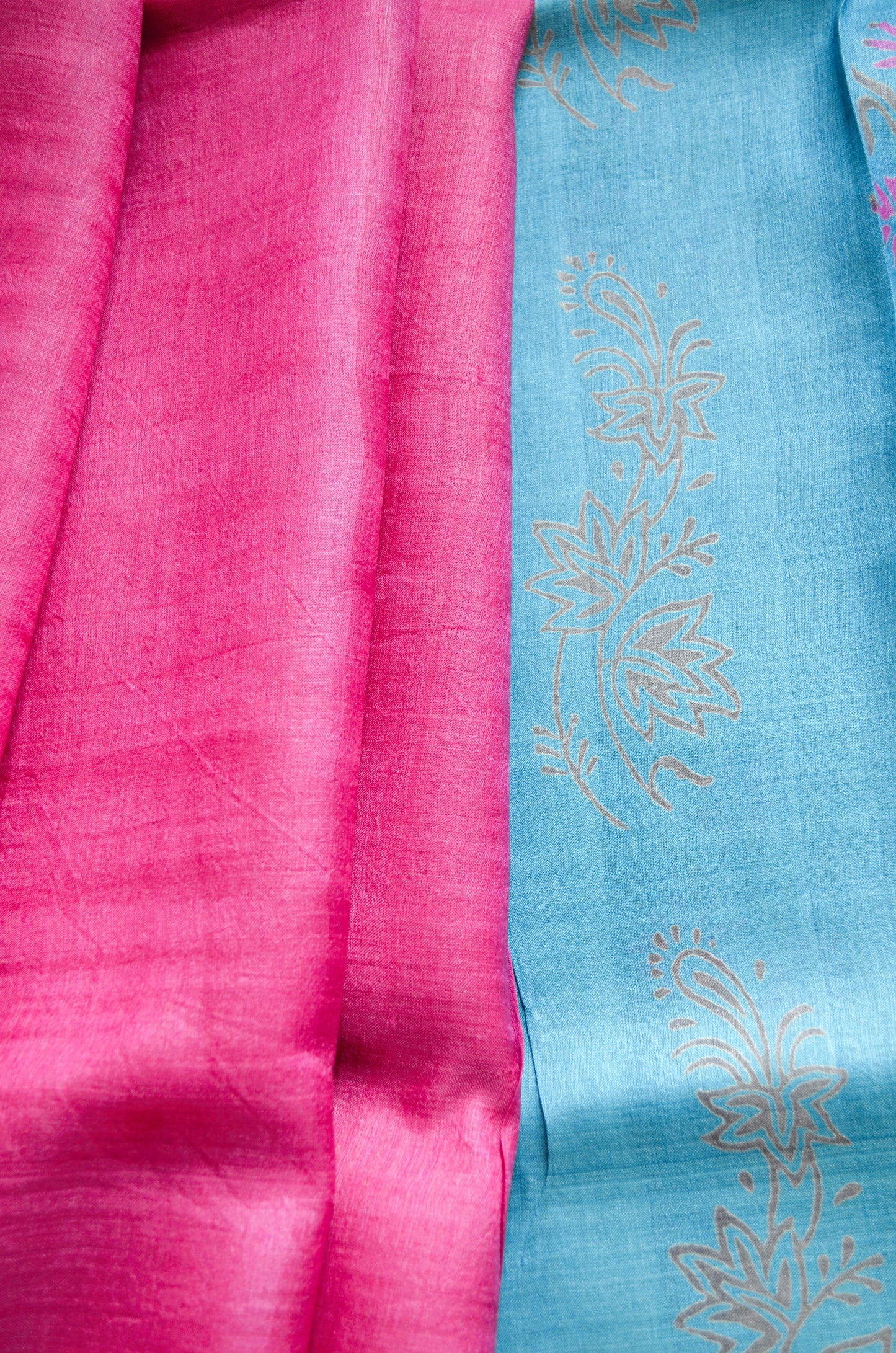 Cyan Tussar Pure Silk Handloom Saree with Block Prints