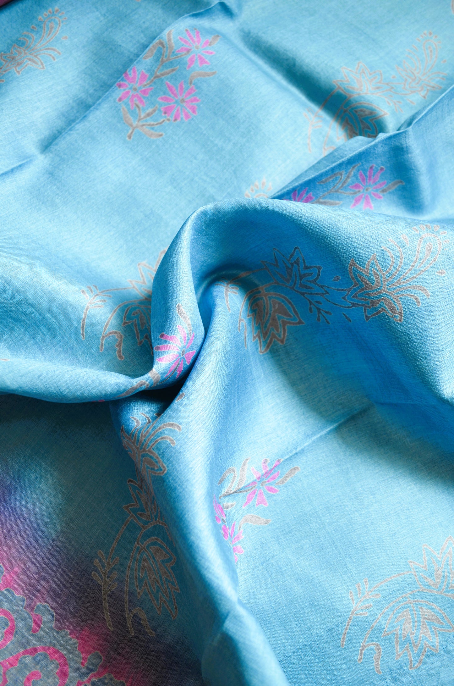 Cyan Tussar Pure Silk Handloom Saree with Block Prints
