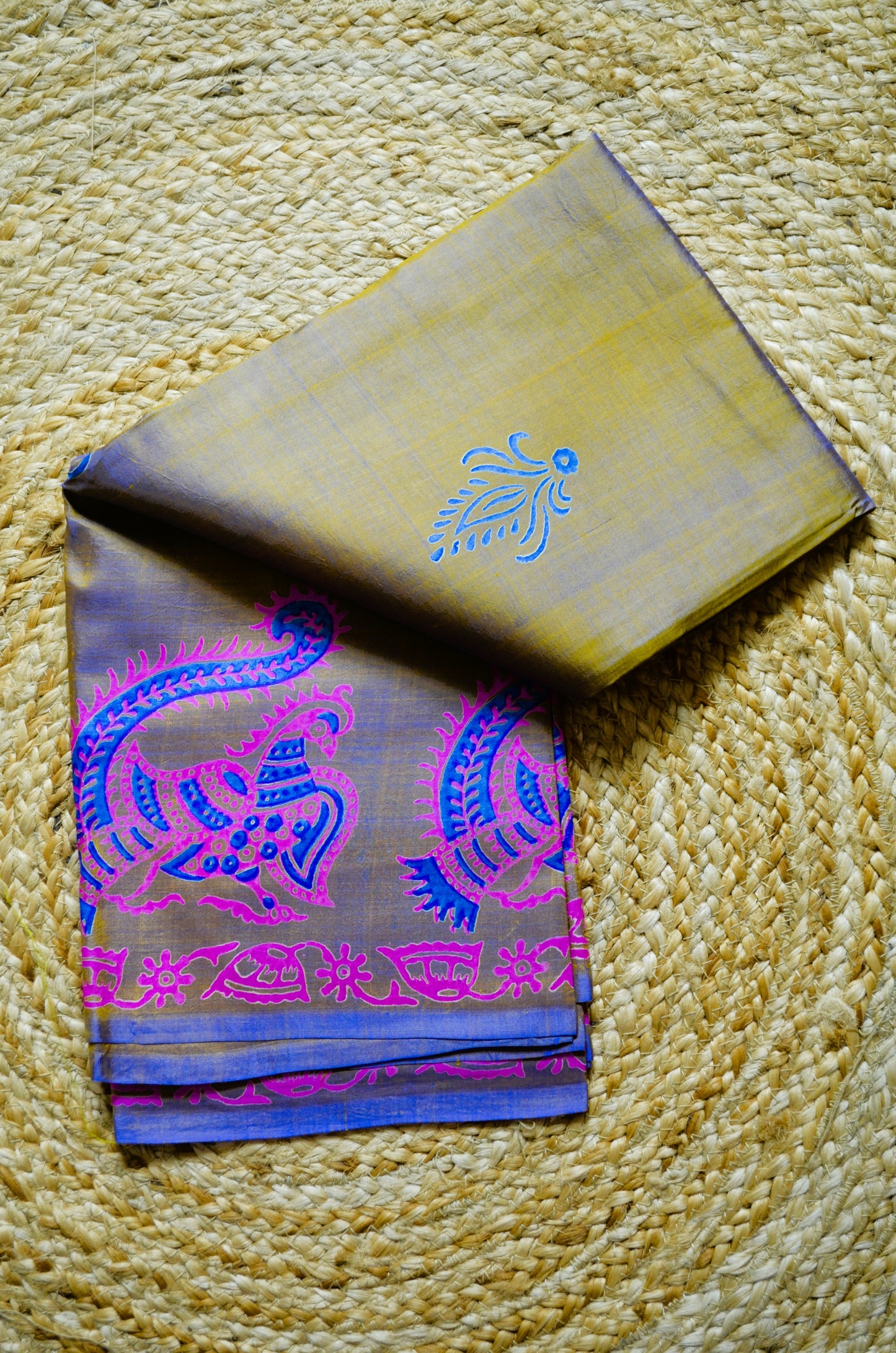 Indigo Gold Dual Tone Pure Silk Sonamukhi Handloom Saree