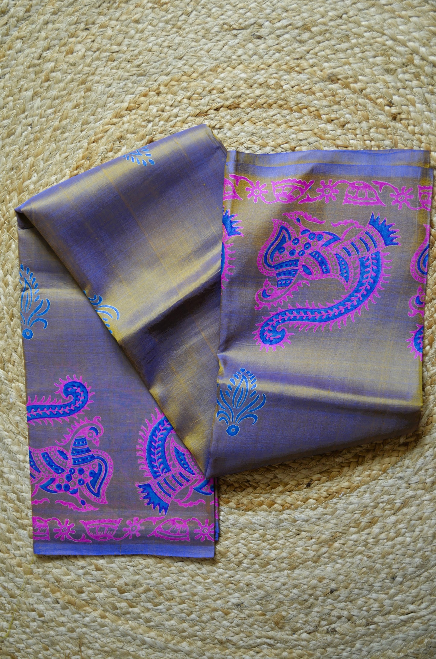 Indigo Gold Dual Tone Pure Silk Sonamukhi Handloom Saree