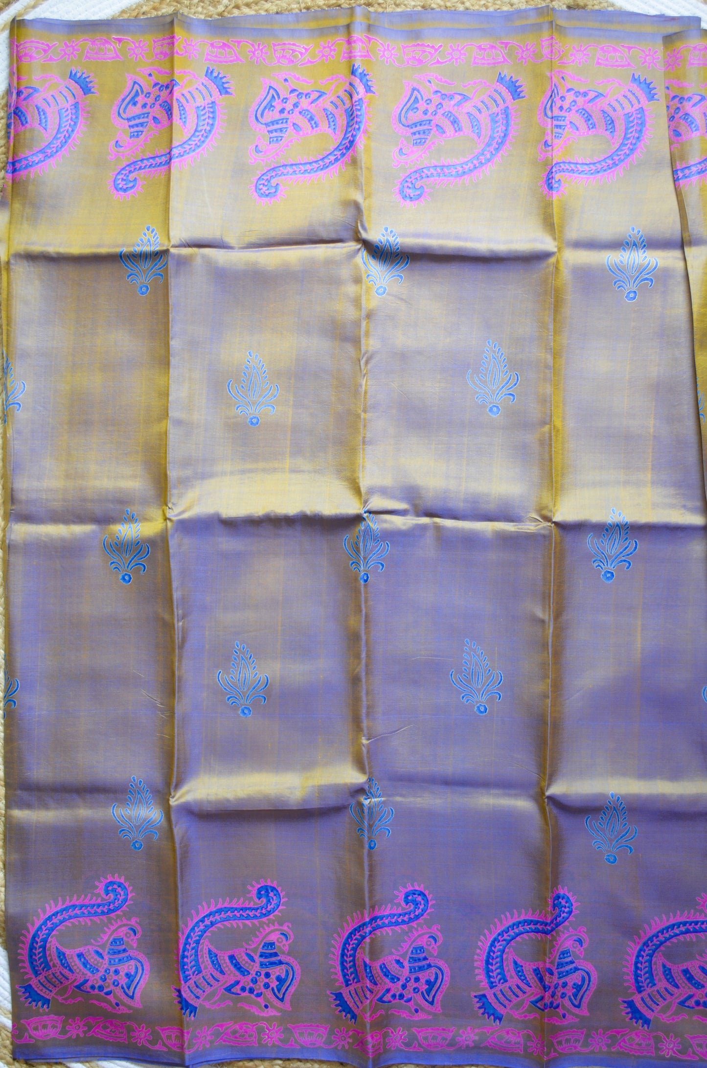 Indigo Gold Dual Tone Pure Silk Sonamukhi Handloom Saree