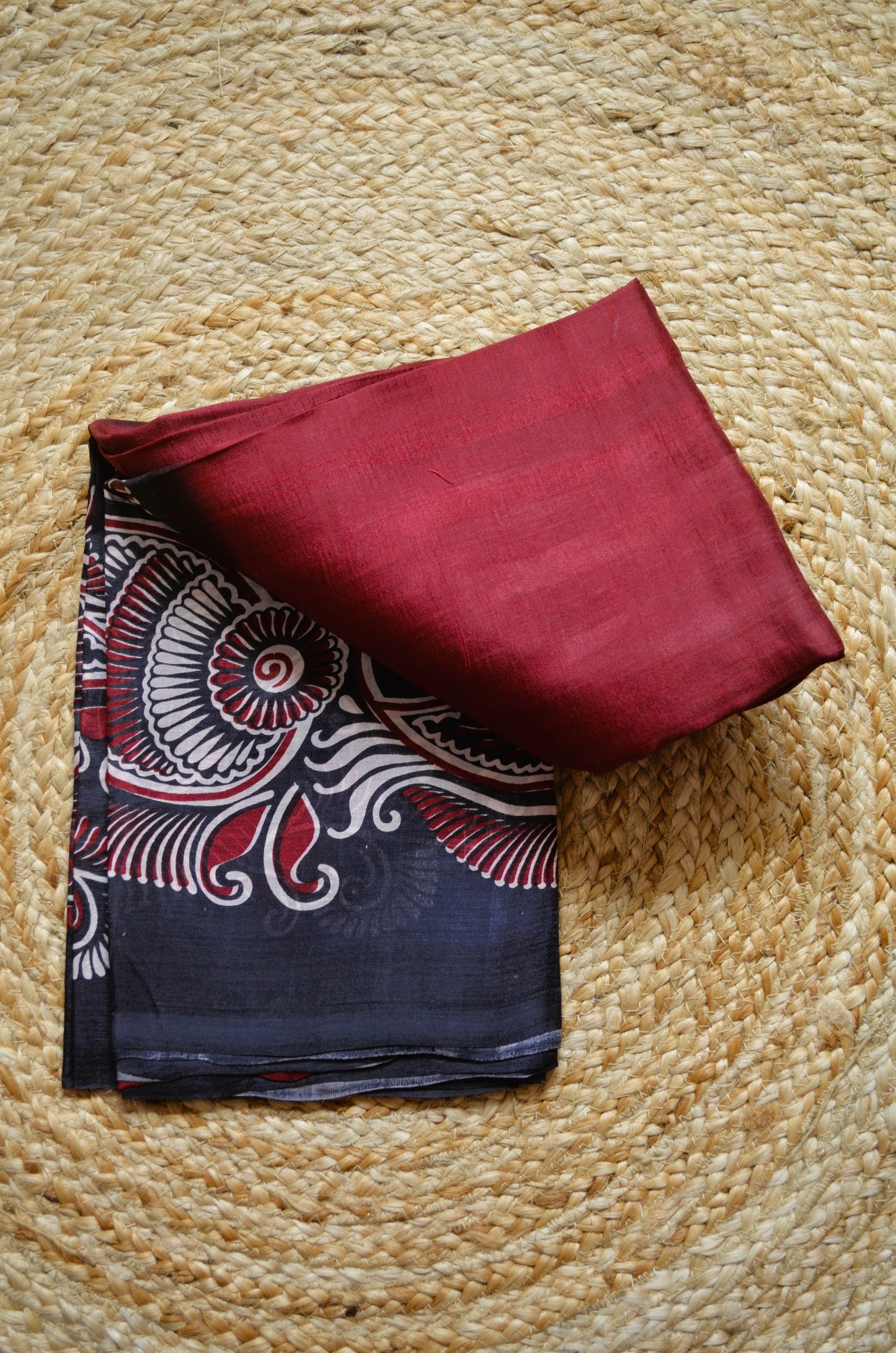 Maroon Block Print Pure Silk Handloom Saree