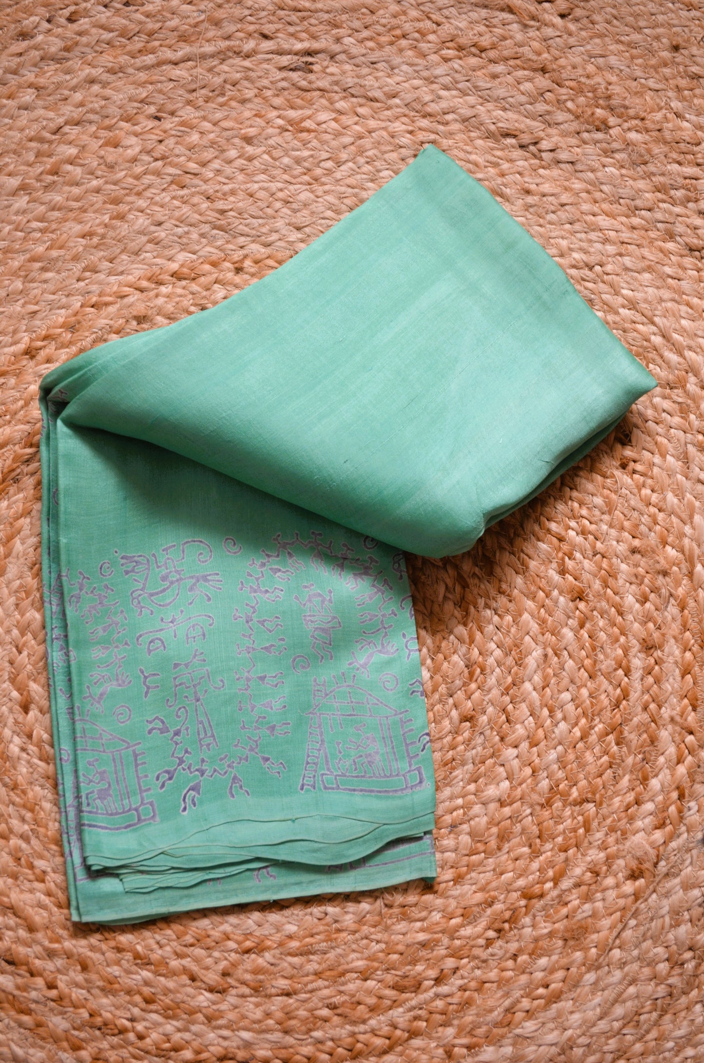 Sea Green Block Print Pure Silk Handloom Saree