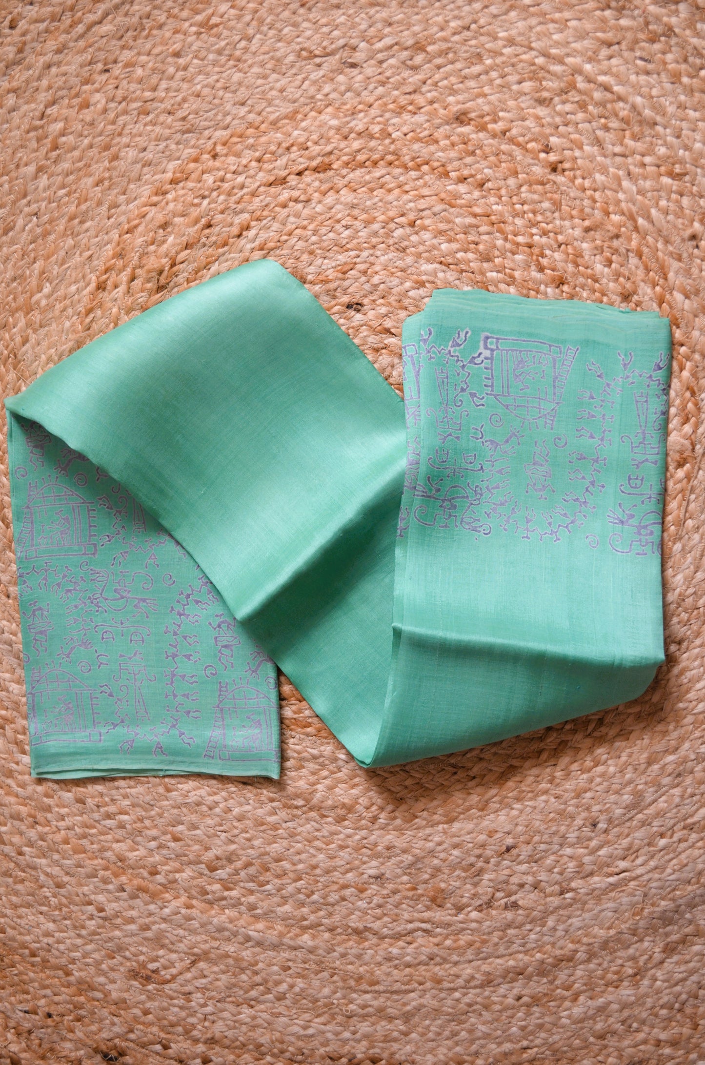 Sea Green Block Print Pure Silk Handloom Saree