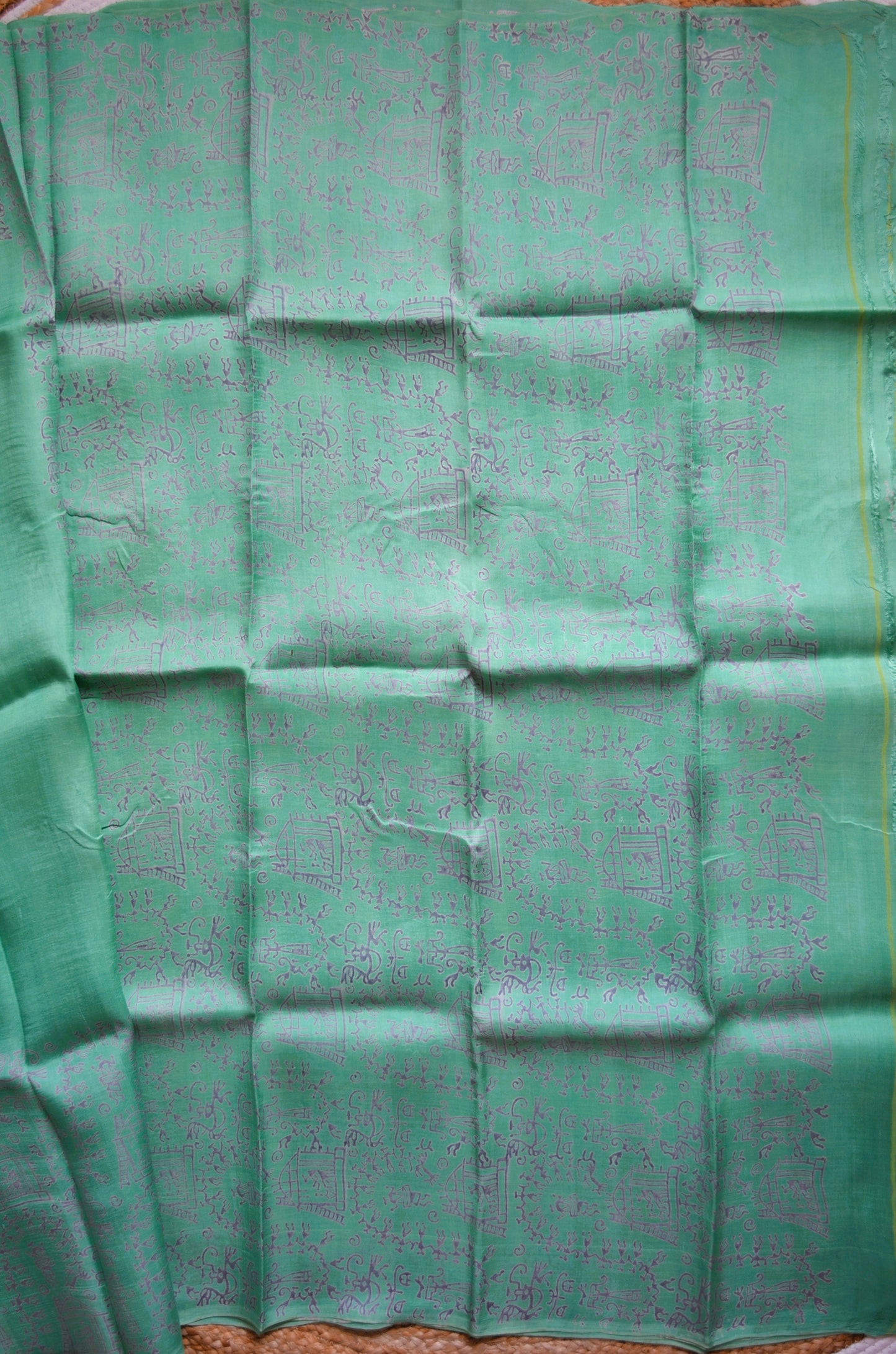 Sea Green Block Print Pure Silk Handloom Saree