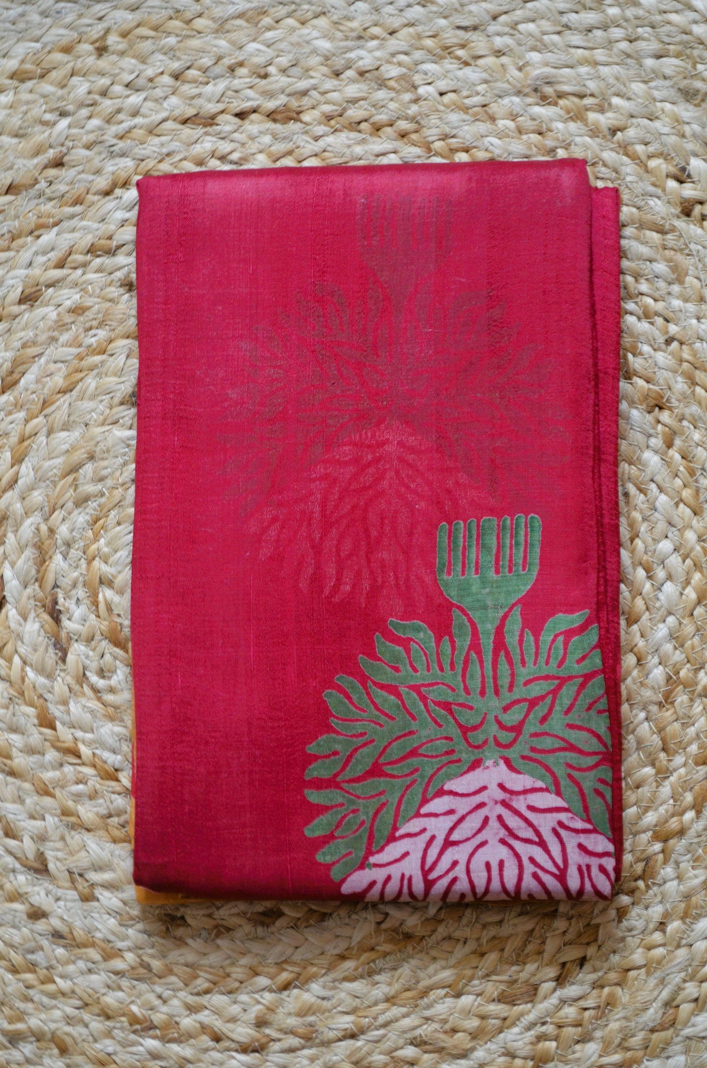 Red Block Print Pure Silk Handloom Saree