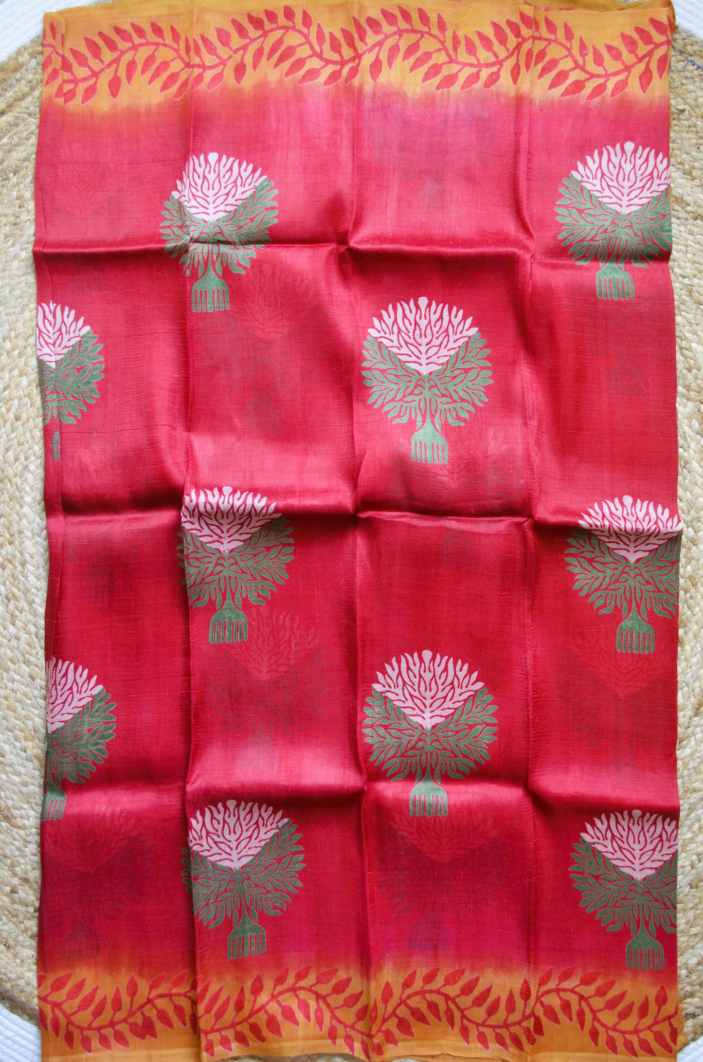 Red Block Print Pure Silk Handloom Saree