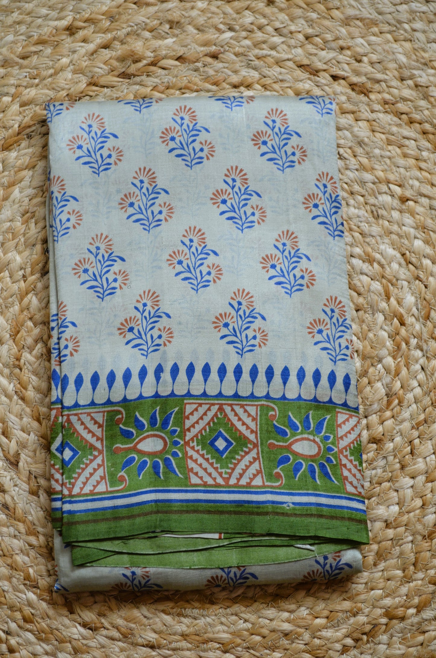 Beige Block Print Pure Silk Handloom Saree