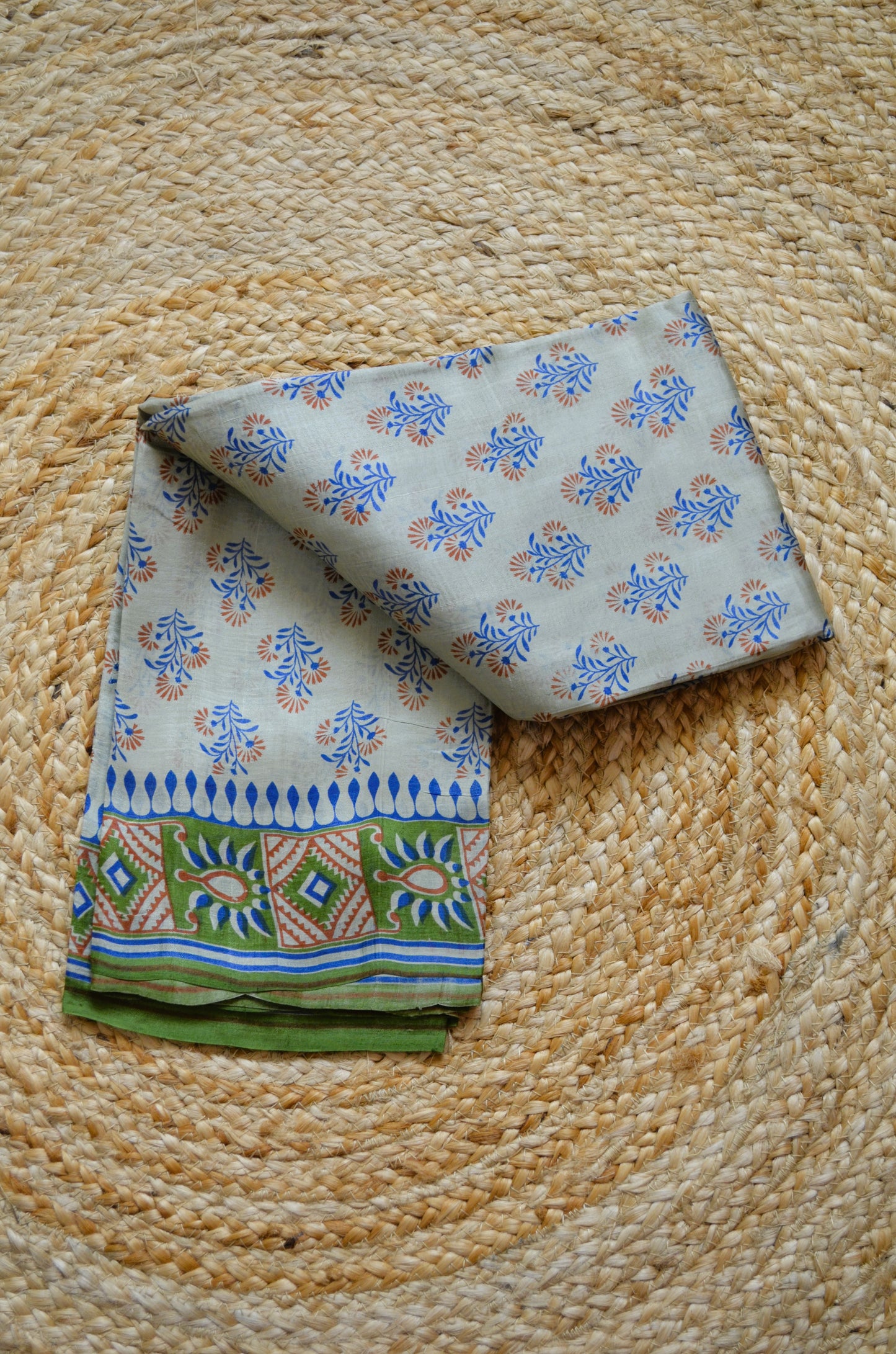 Beige Block Print Pure Silk Handloom Saree