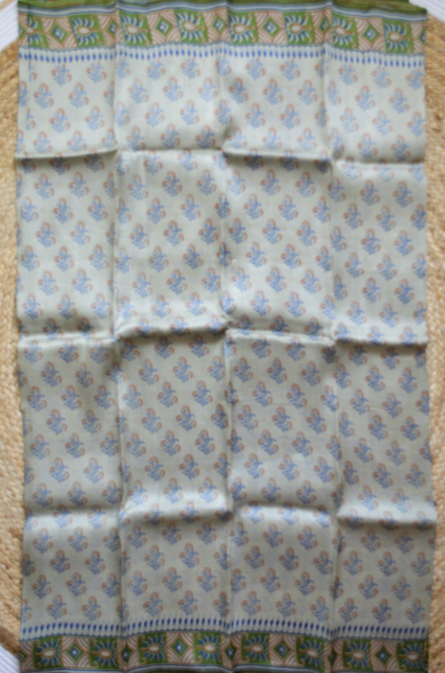 Beige Block Print Pure Silk Handloom Saree