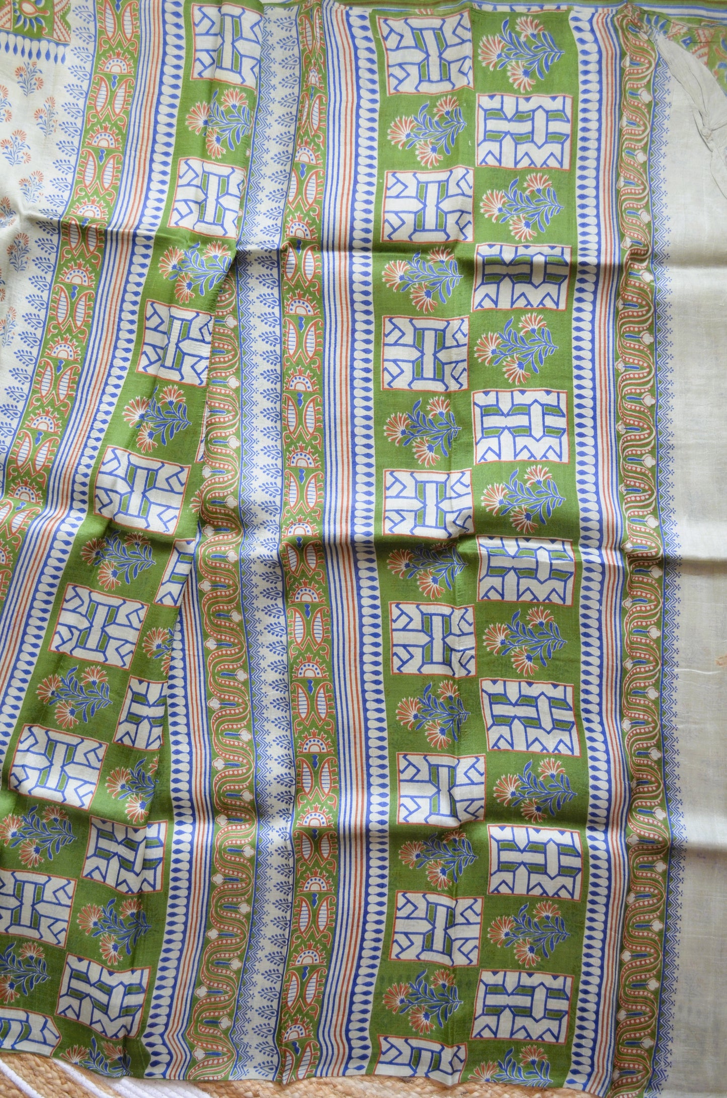 Beige Block Print Pure Silk Handloom Saree
